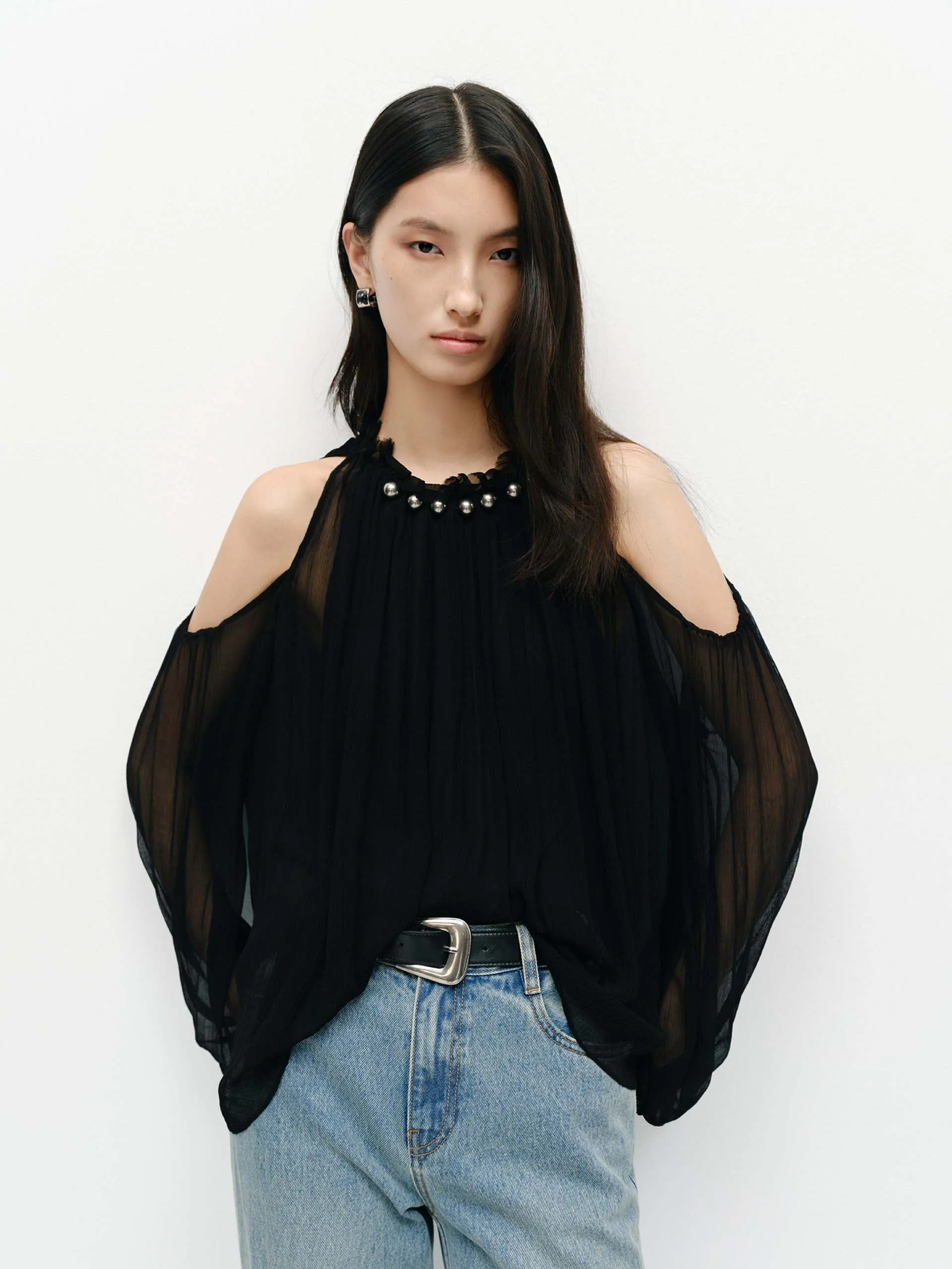 Cut Shoulder Chiffon Blouse sold by Mo&Co