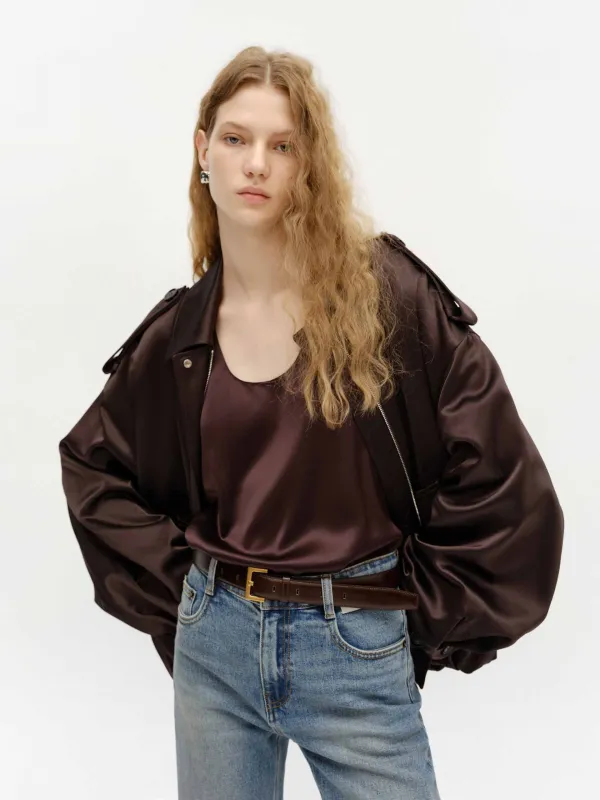Zip Closure Satin Jacket sold by Mo&Co