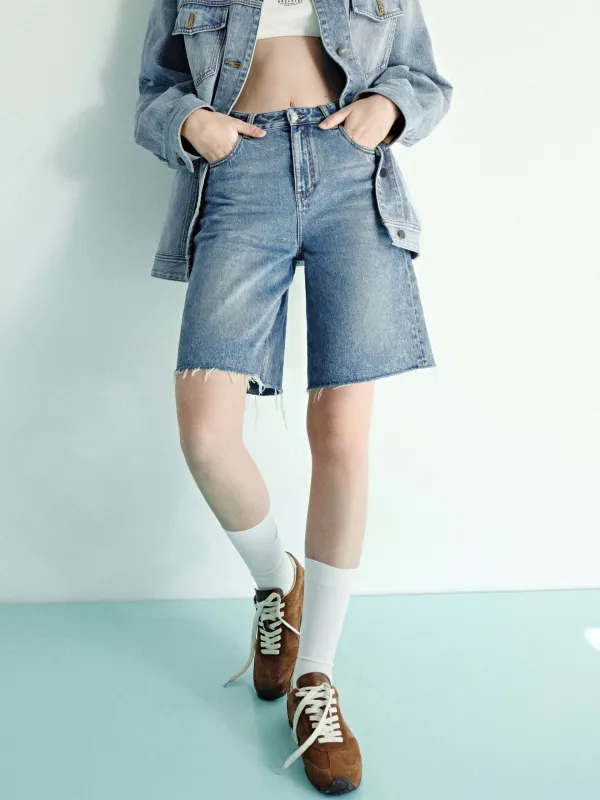 Raw Hem Midi Denim Shorts sold by Mo&Co