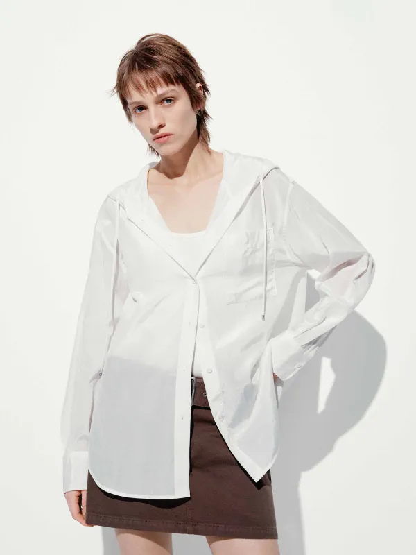 Sheer Drawstring Hood Shirt sold by Mo&Co