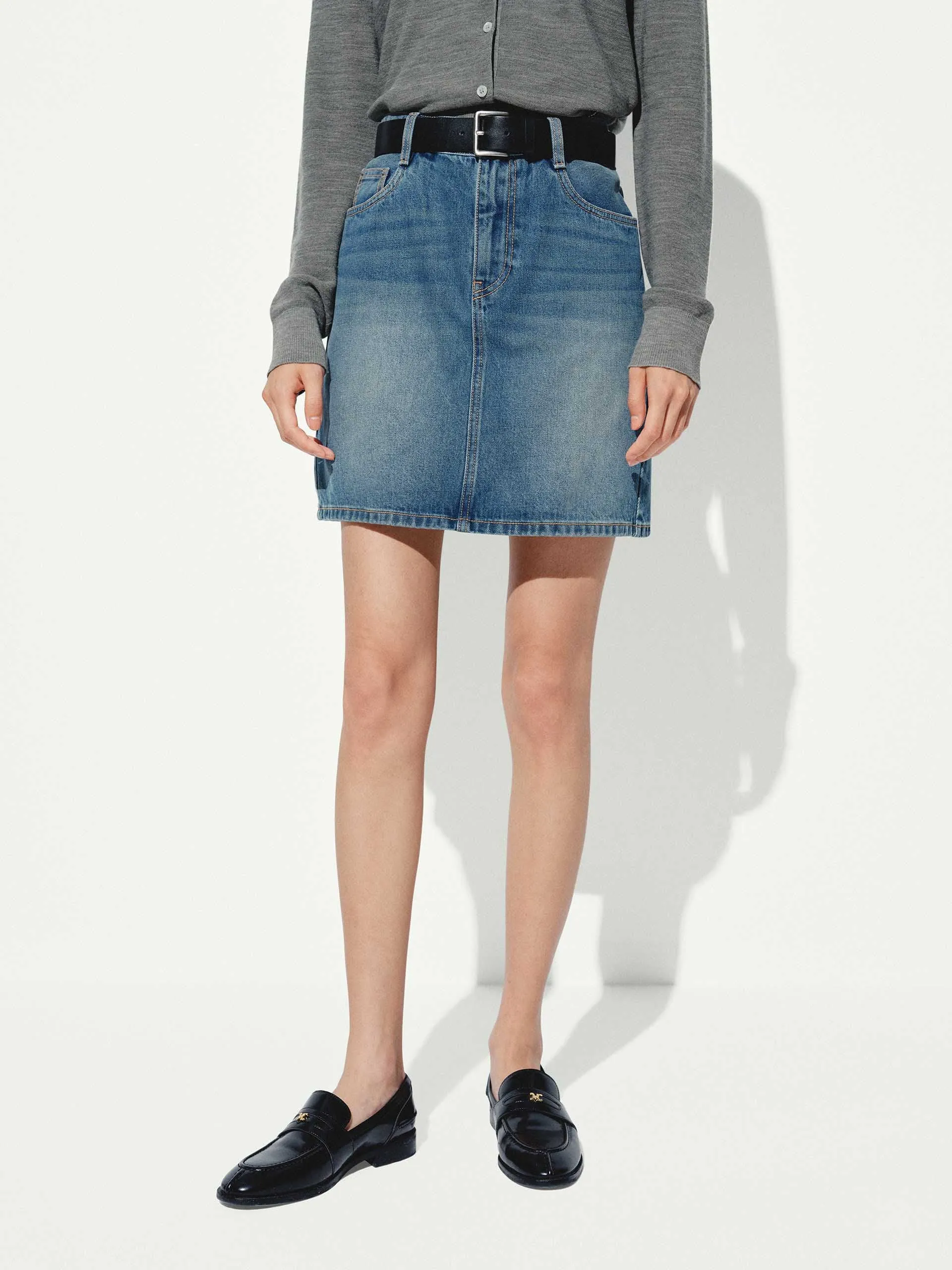 A-Line Denim Mini Skirt sold by Mo&Co
