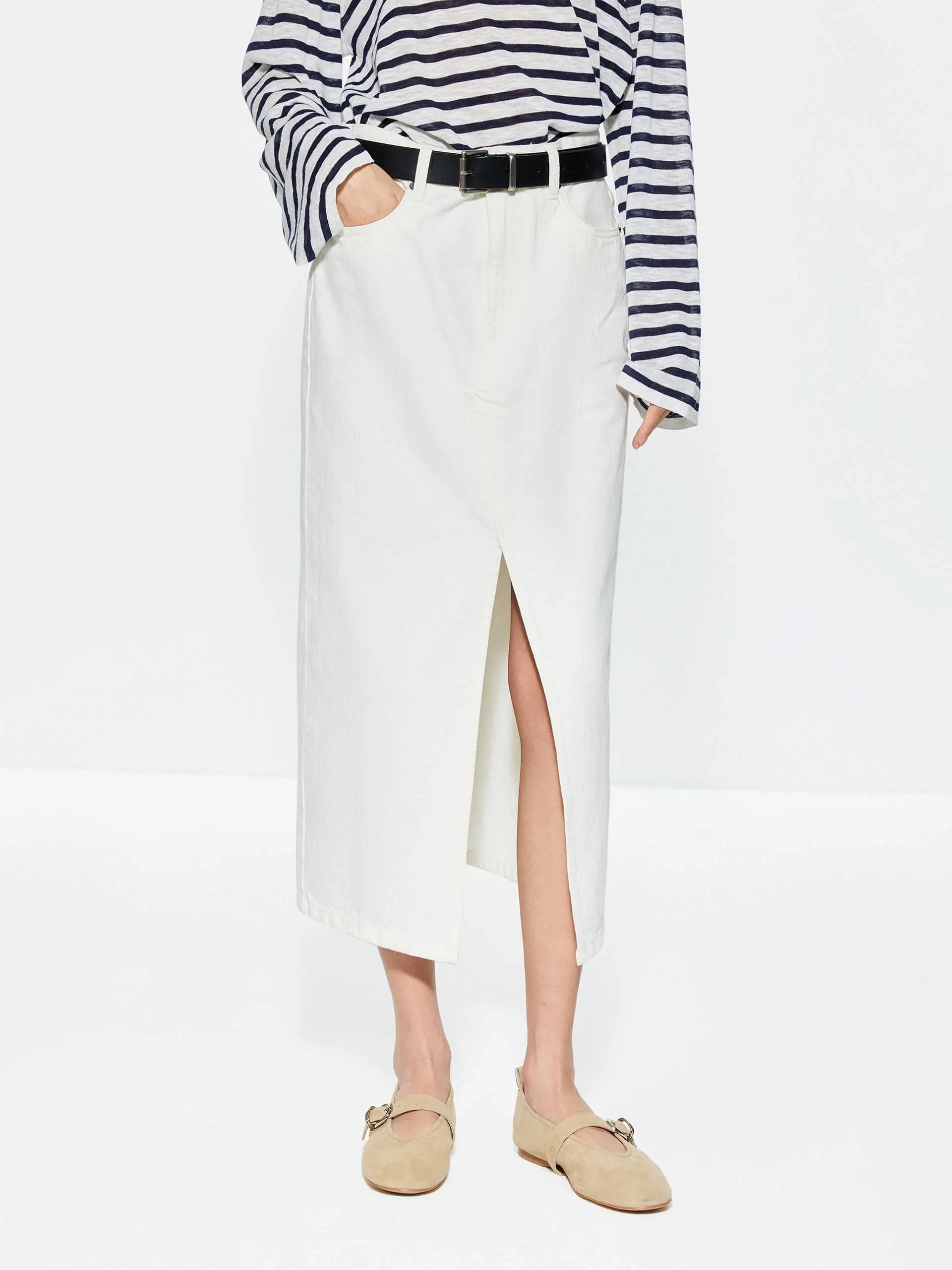 High Waist Slit Denim Skirt sold by Mo&Co