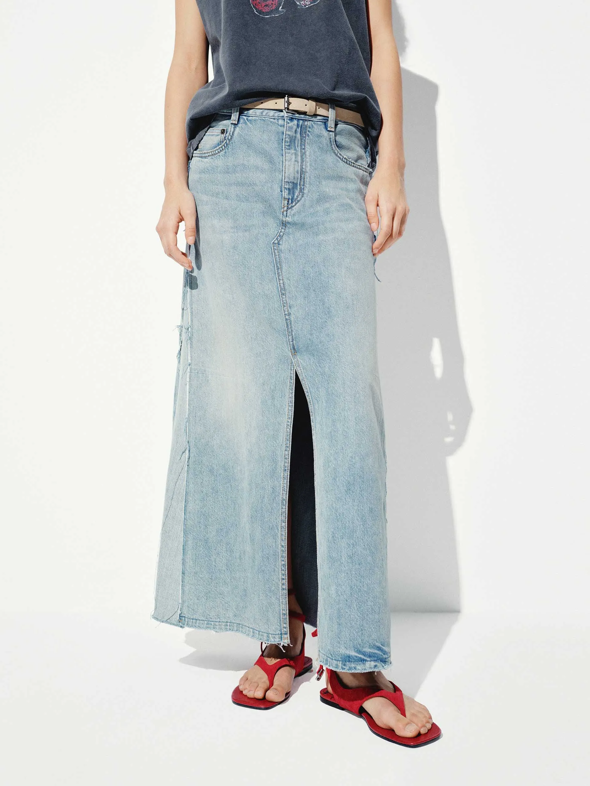 Paneled Detail Maxi Denim Skirt sold by Mo&Co
