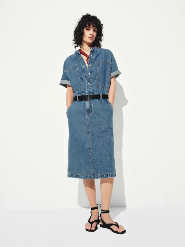 Straight Cut Denim Midi Dress sold by Mo&Co