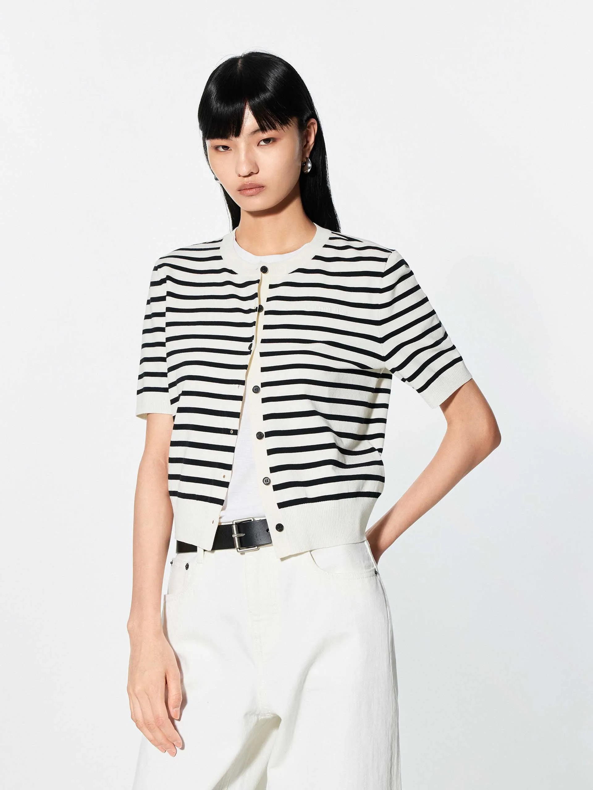 Round Neck Striped Cardigan sold by Mo&Co