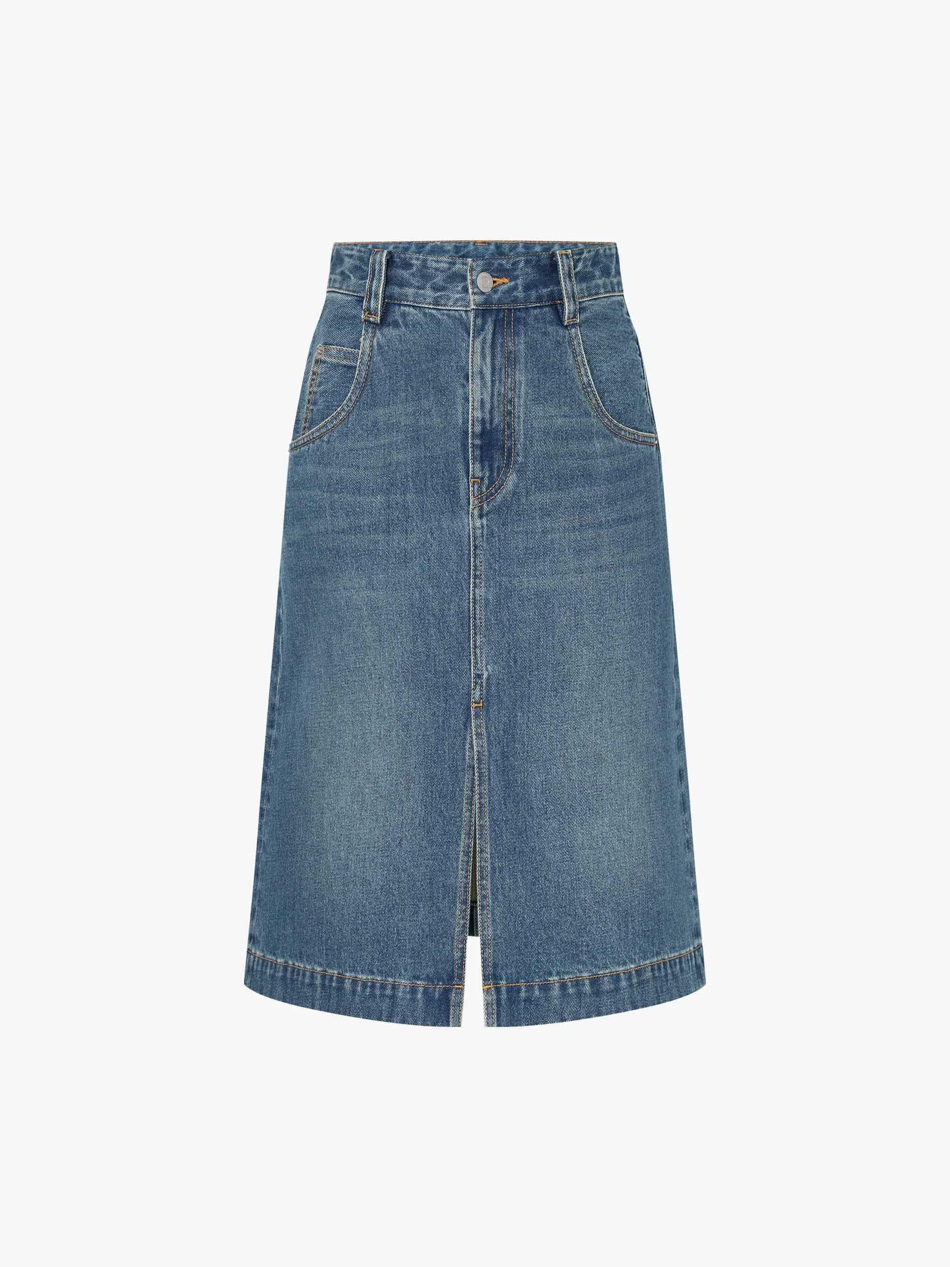 Front Slit Cotton Denim Skirt sold by Mo&Co product image thumbnail 5