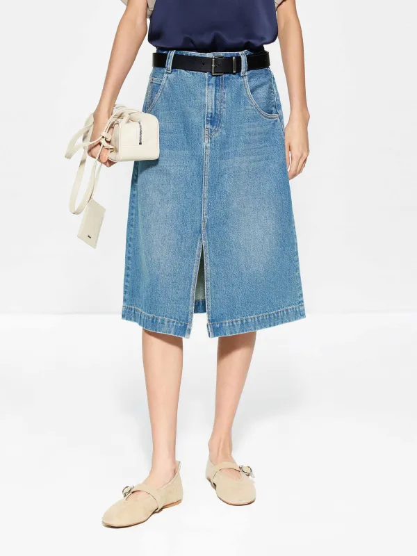 Front Slit Cotton Denim Skirt sold by Mo&Co