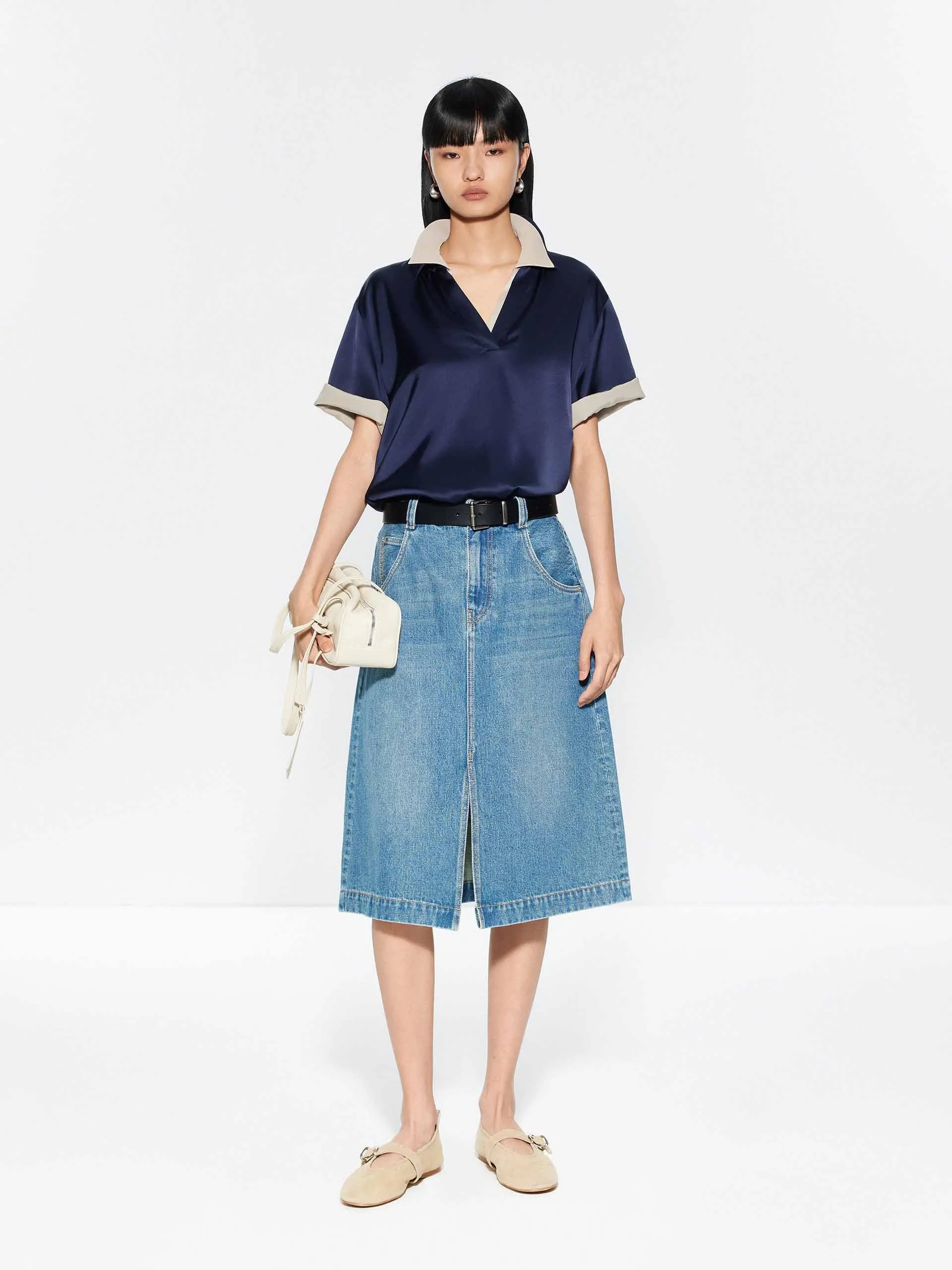 Front Slit Cotton Denim Skirt sold by Mo&Co product image thumbnail 2