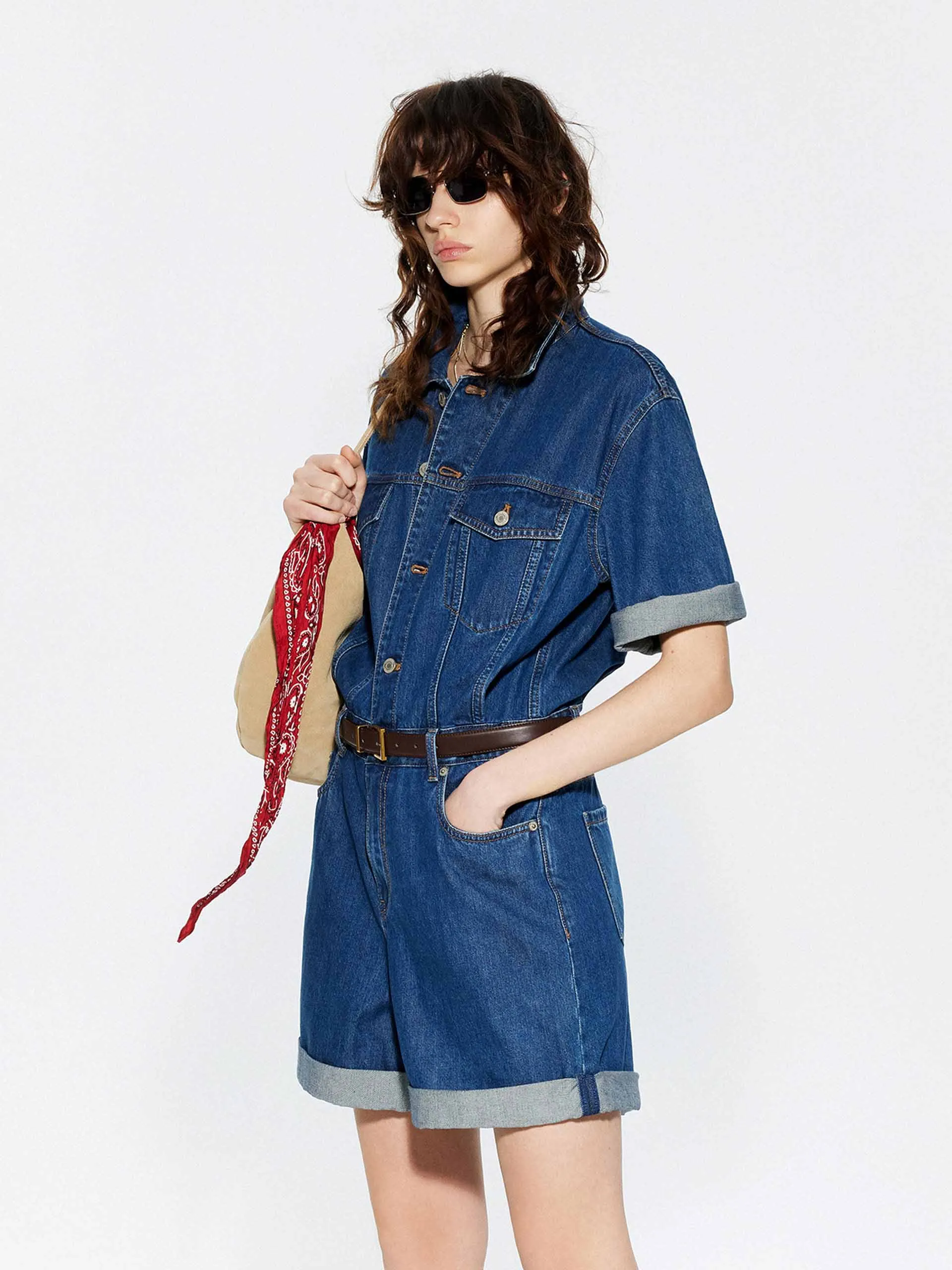 Cotton-Silk Blend Denim Jumpsuit sold by Mo&Co product image thumbnail 3