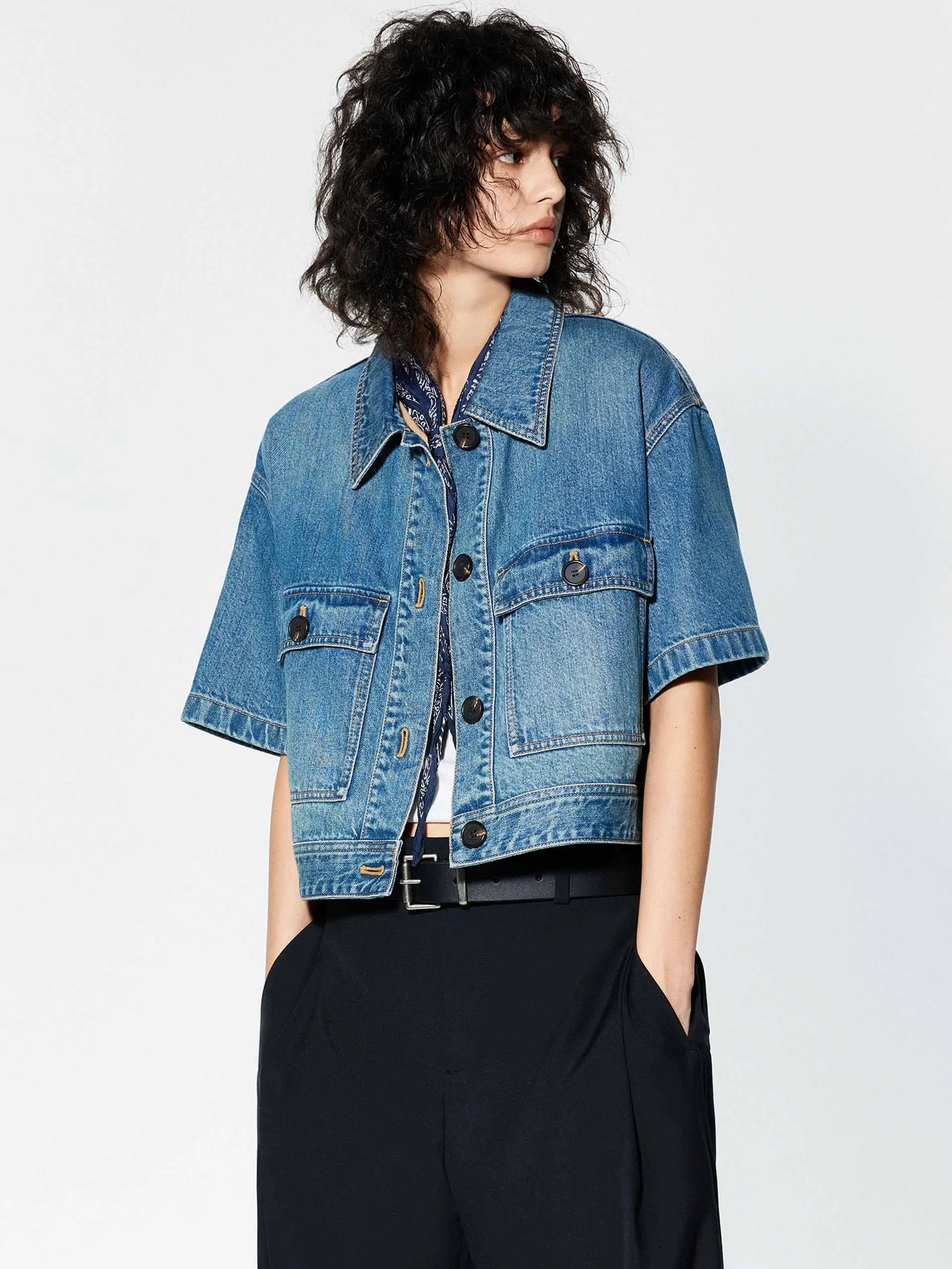 Cropped Pockets Denim Jacket sold by Mo&Co