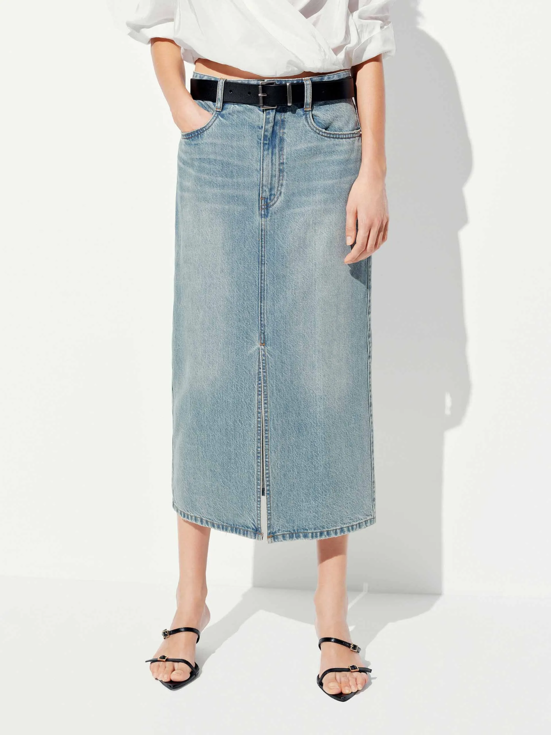 Cotton Denim Midi Skirt sold by Mo&Co