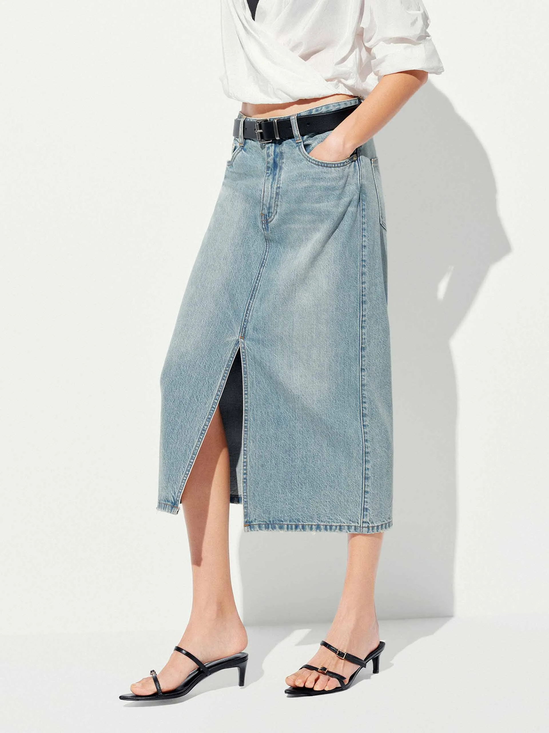 Cotton Denim Midi Skirt sold by Mo&Co product image thumbnail 3