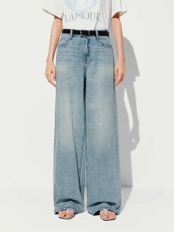 Hotfix Rhinestone Straight Jeans sold by Mo&Co