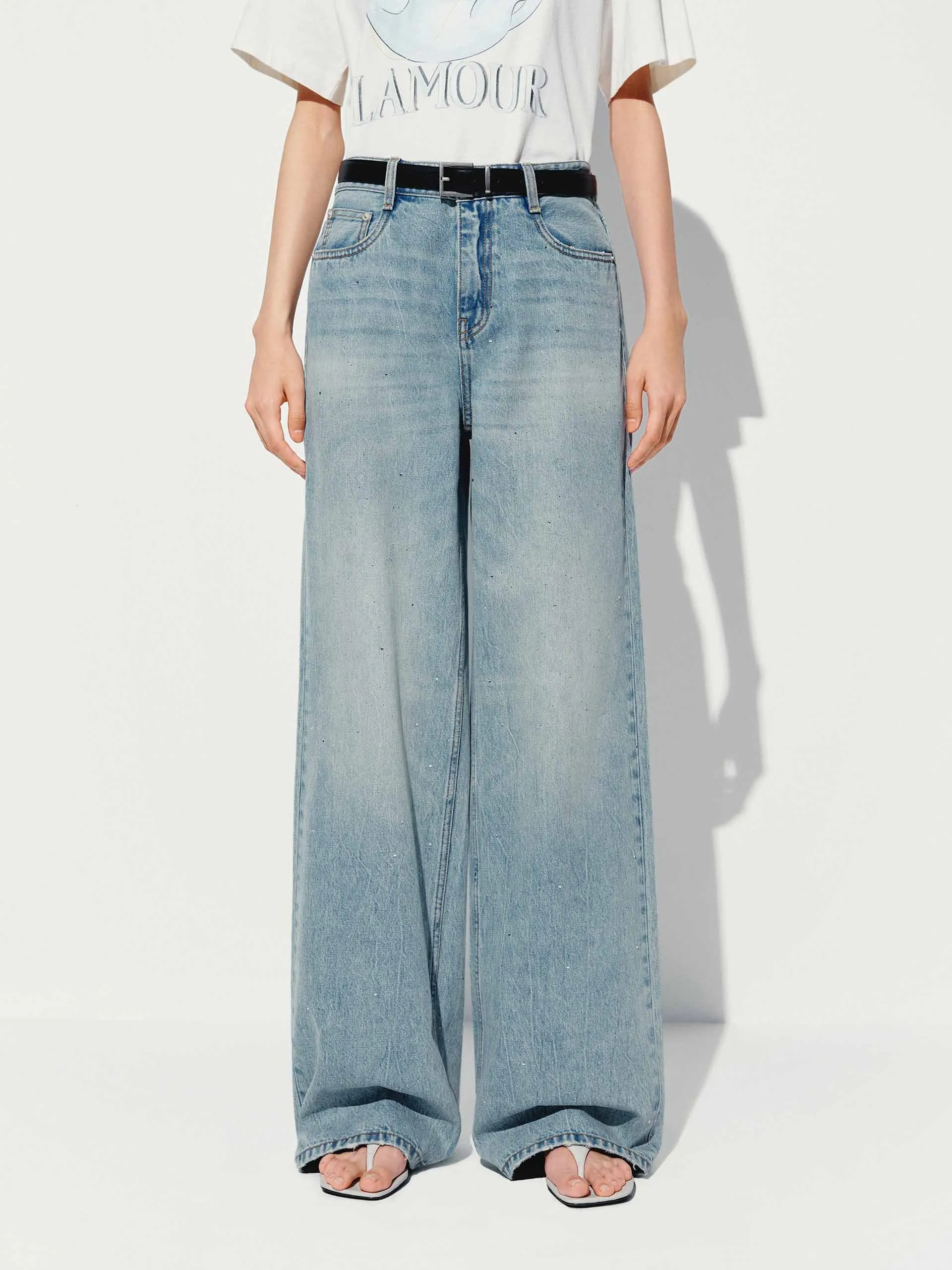 Hotfix Rhinestone Straight Jeans sold by Mo&Co