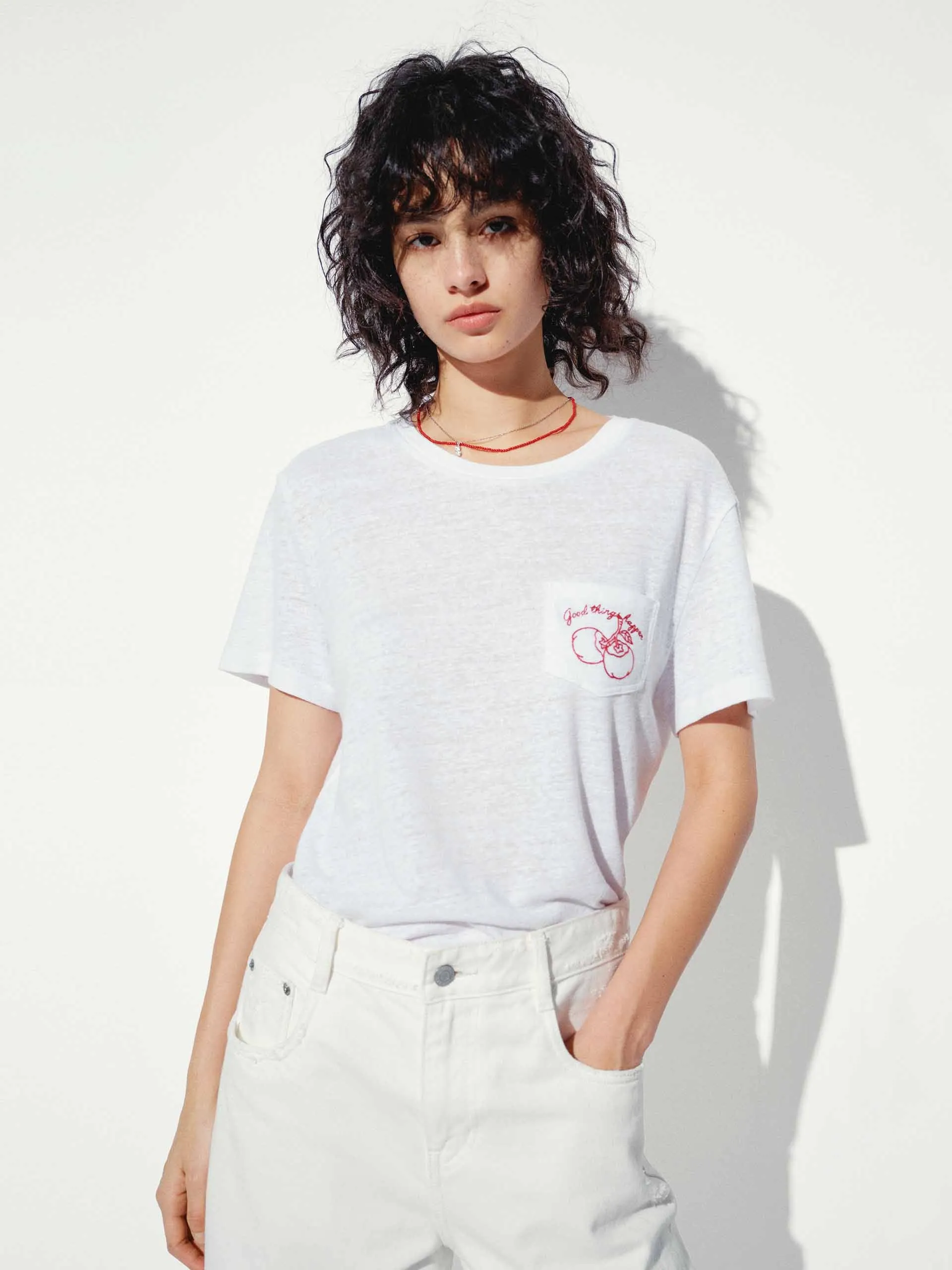 Linen Blend Embroidery T-shirt sold by Mo&Co