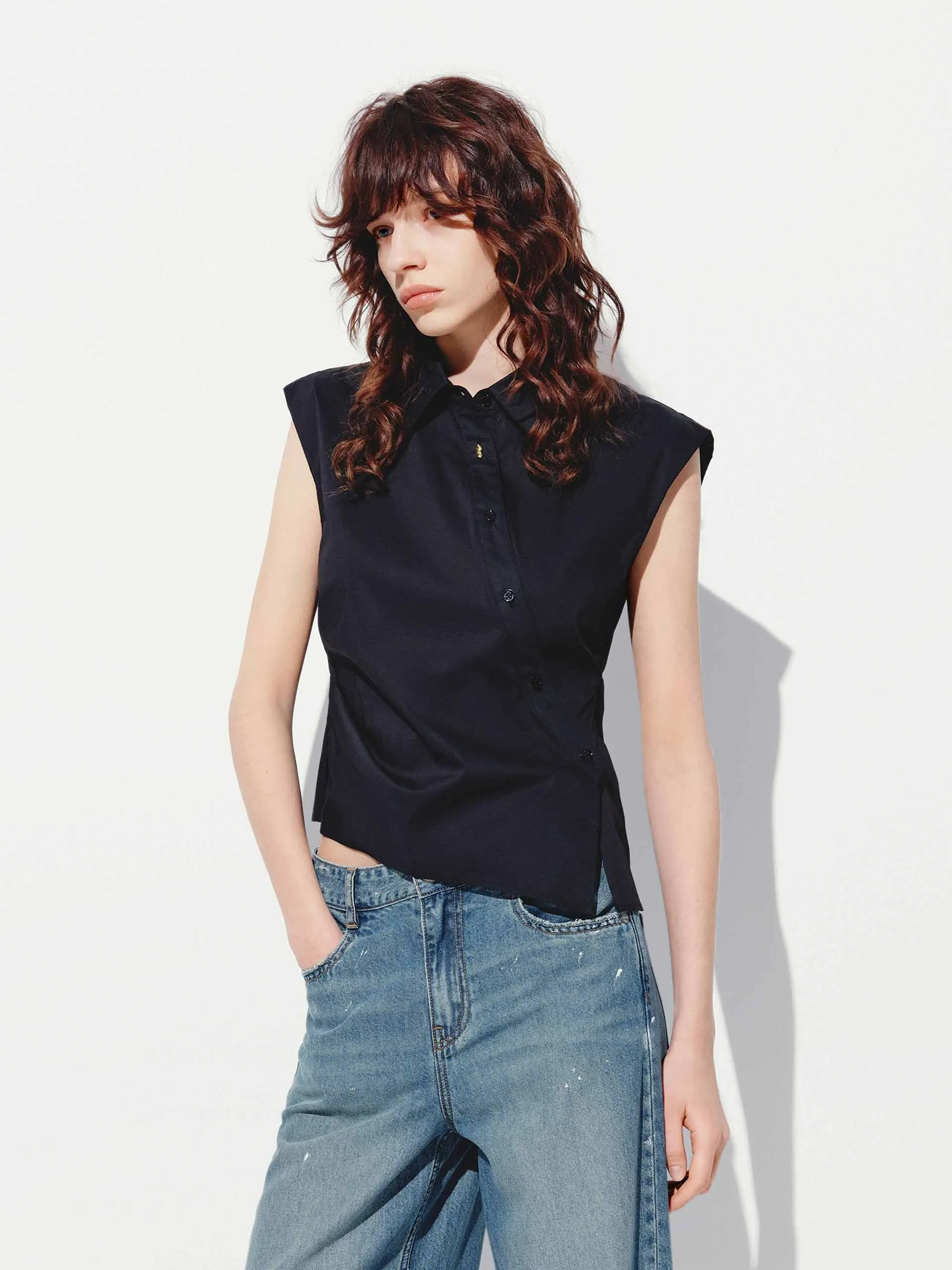 Sleeveless Slanted Placket Blouse sold by Mo&Co