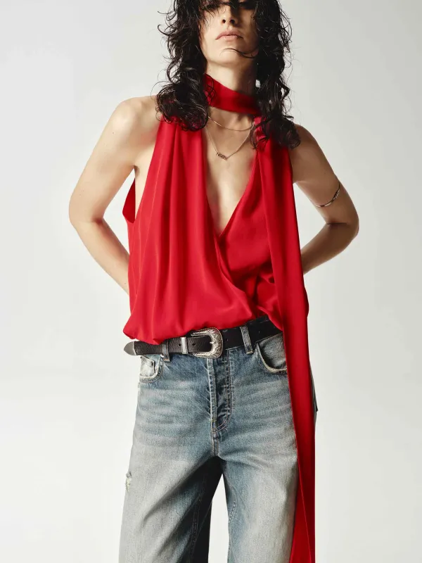 Silk V-neck Tie Blouse sold by Mo&Co