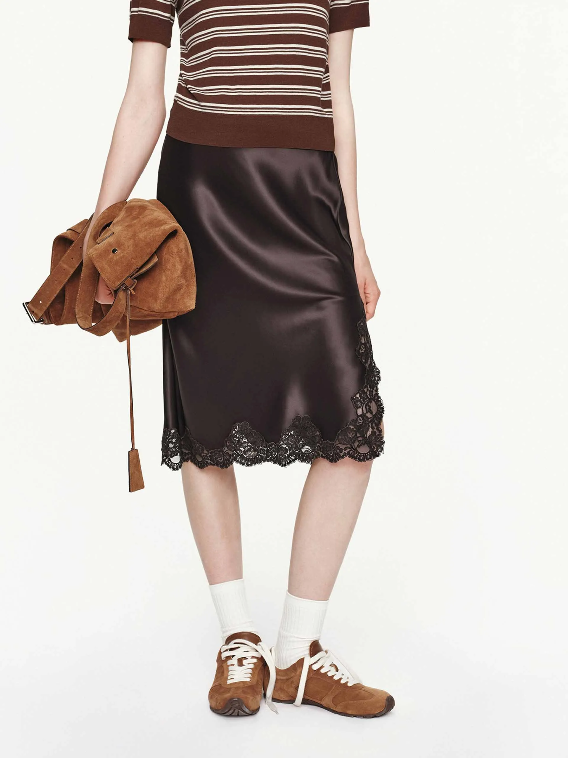 Lace Hem Satin Skirt sold by Mo&Co