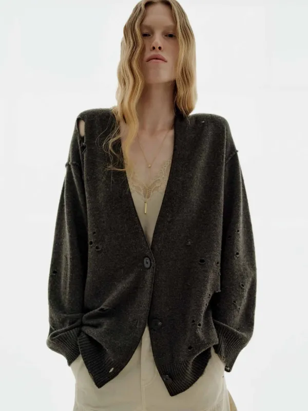 Ripped Detail Button Cardigan sold by Mo&Co