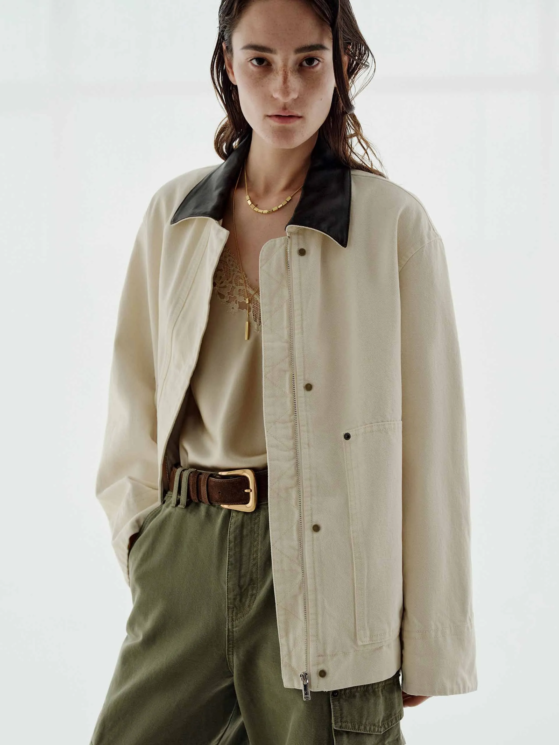 Contrast Collar Denim Jacket sold by Mo&Co