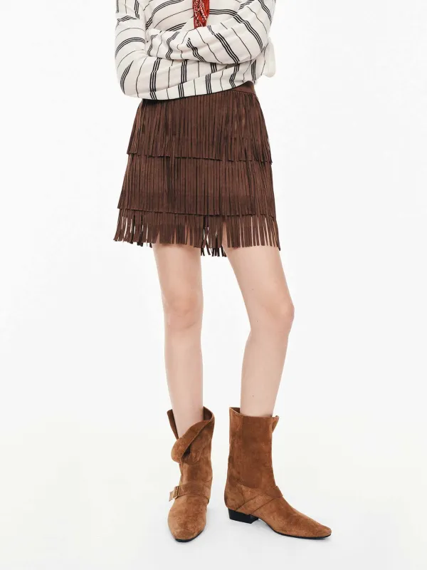 Fringe Faux Suede Mini Skirt sold by Mo&Co