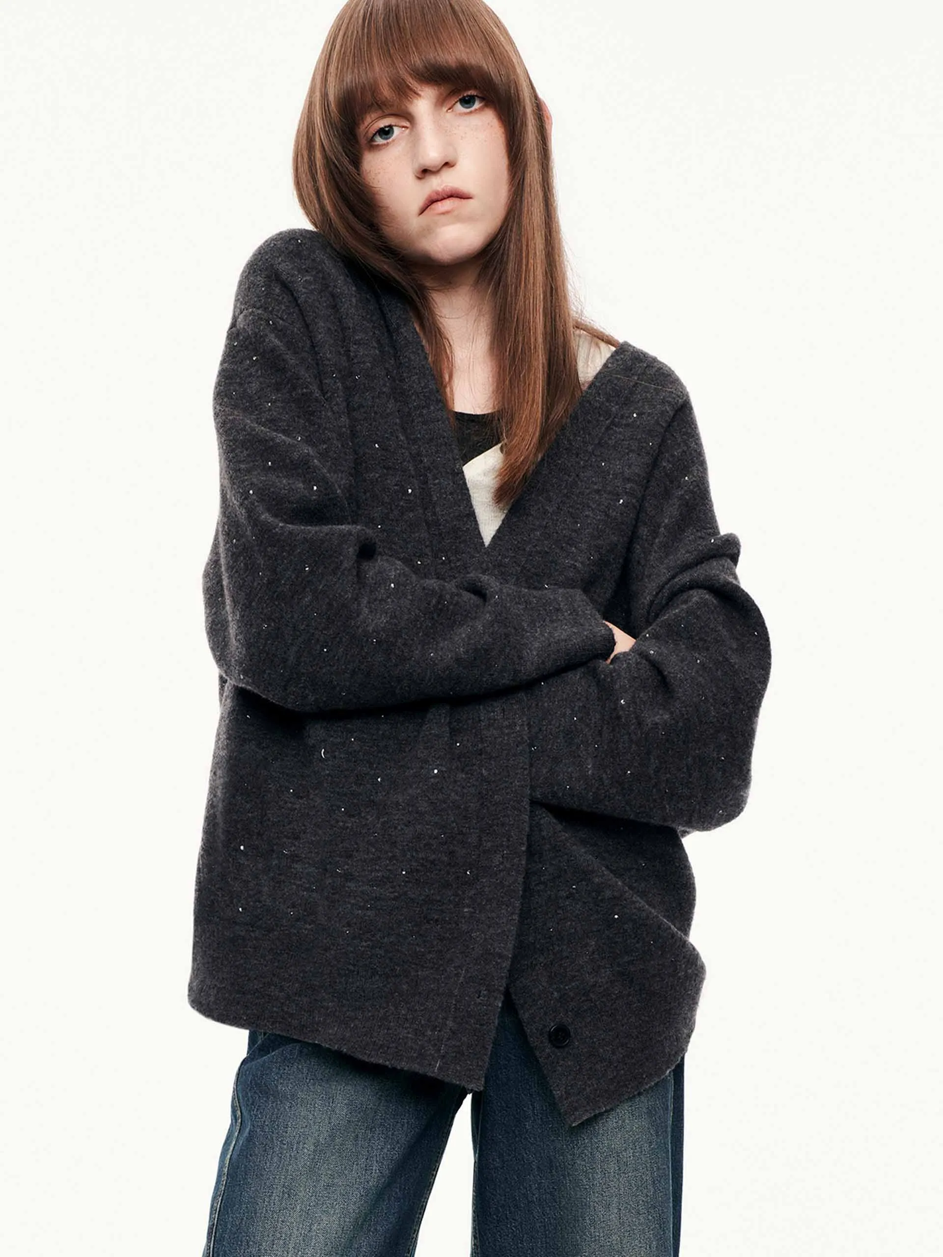 Rhinestone Wool Blend Cardigan sold by Mo&Co