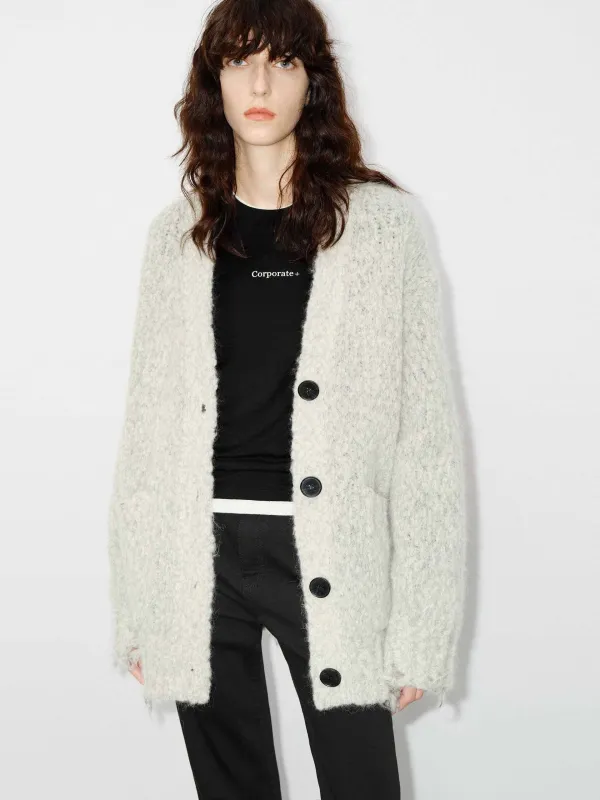 Distressed Detail Fluffy Cardigan sold by Mo&Co