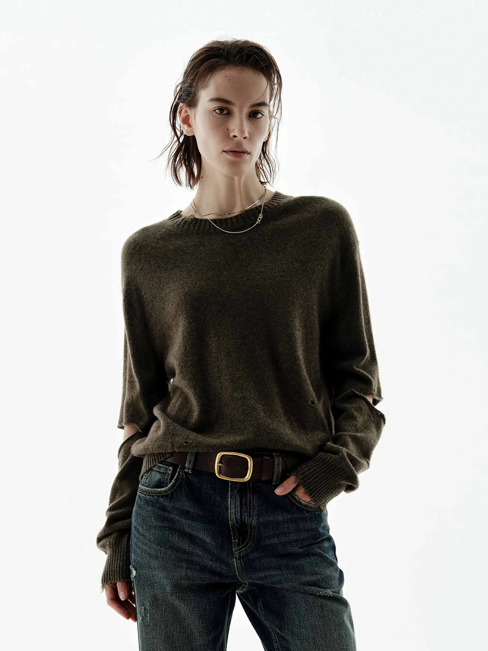 Ripped Cutout Sleeves Knitted Top sold by Mo&Co