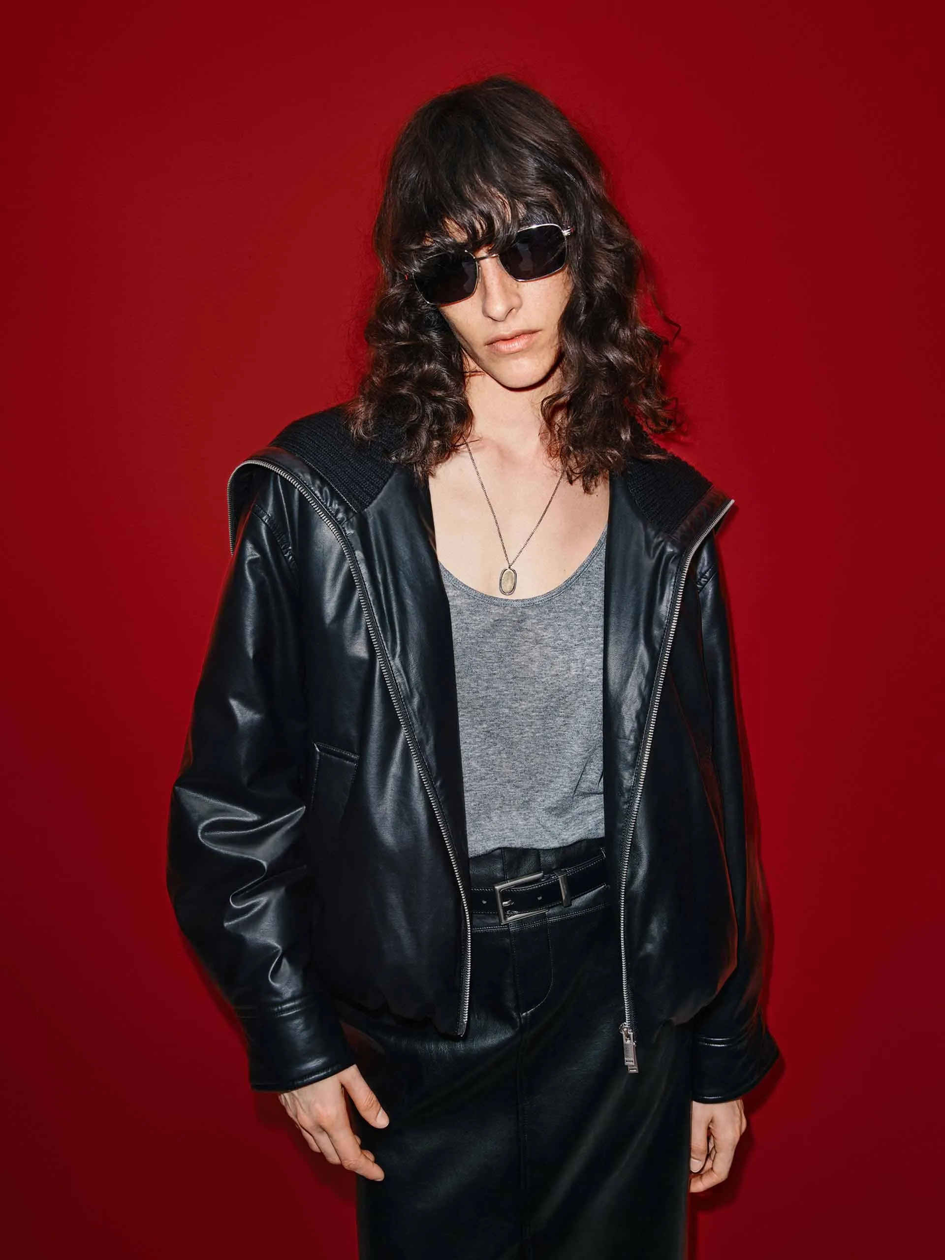 Ribbed Neckline Leather Down Jacket sold by Mo&Co