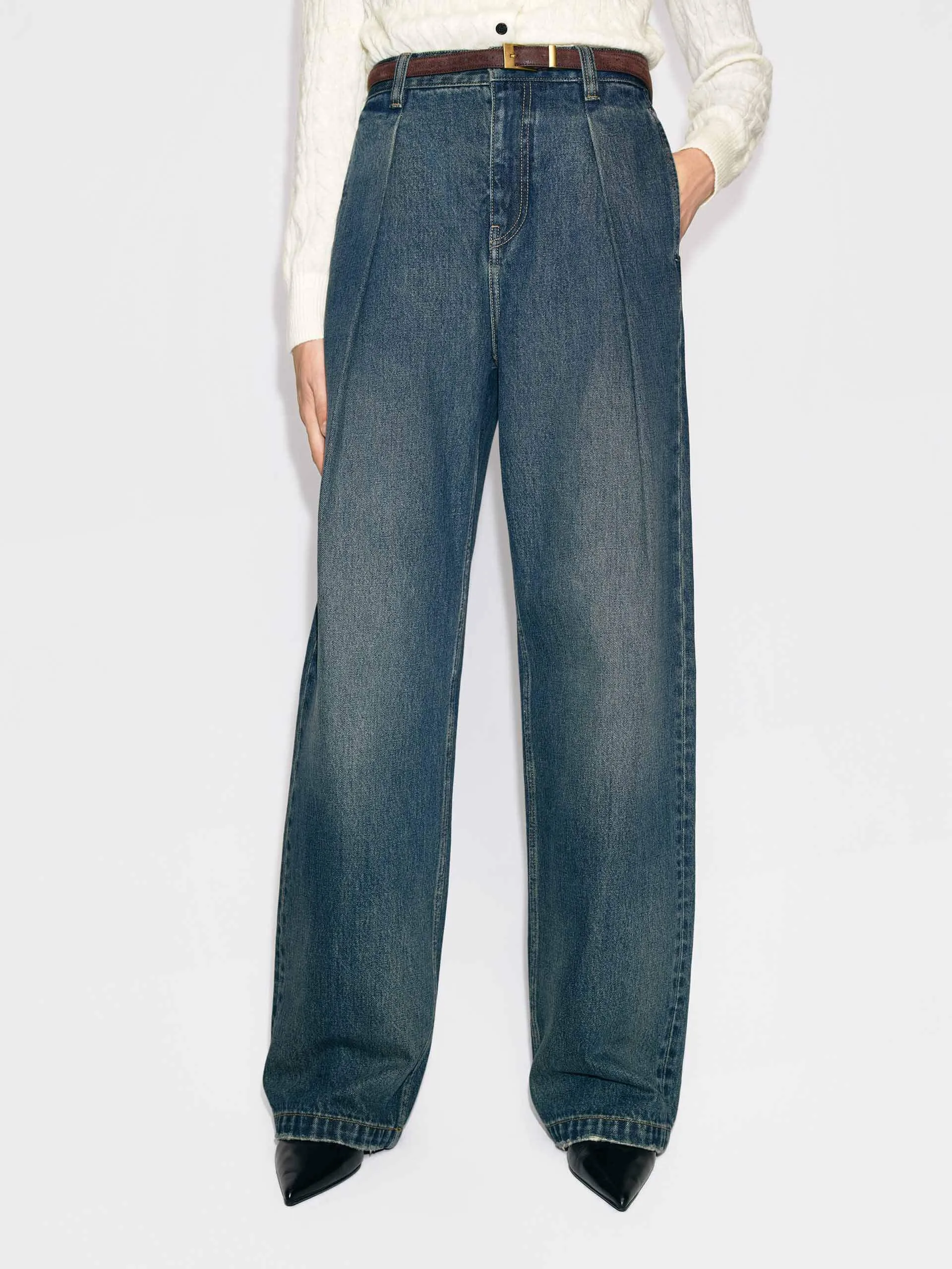 Cotton Pleated Blue Jeans sold by Mo&Co