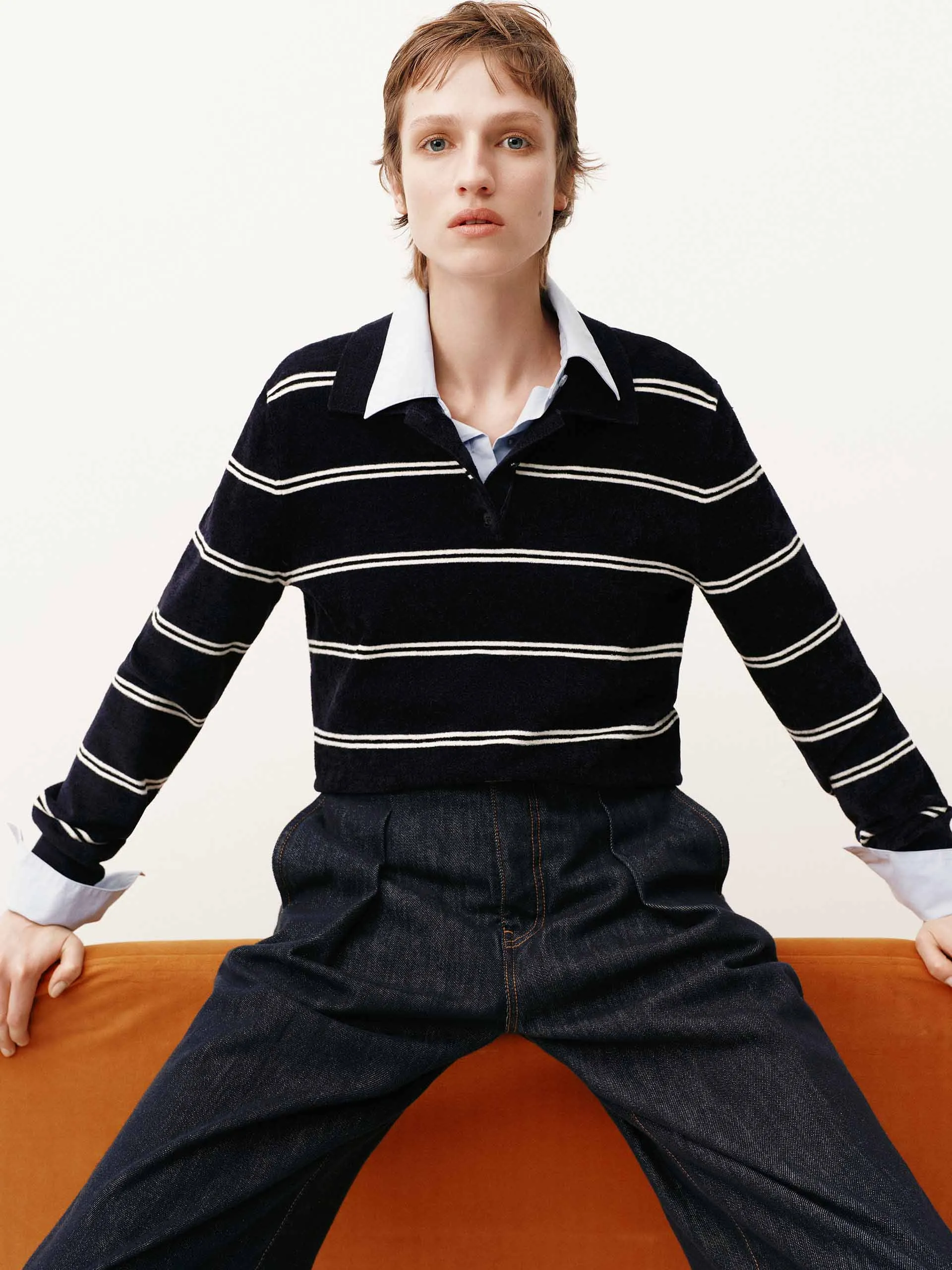 Stripe Pattern Polo Sweater sold by Mo&Co