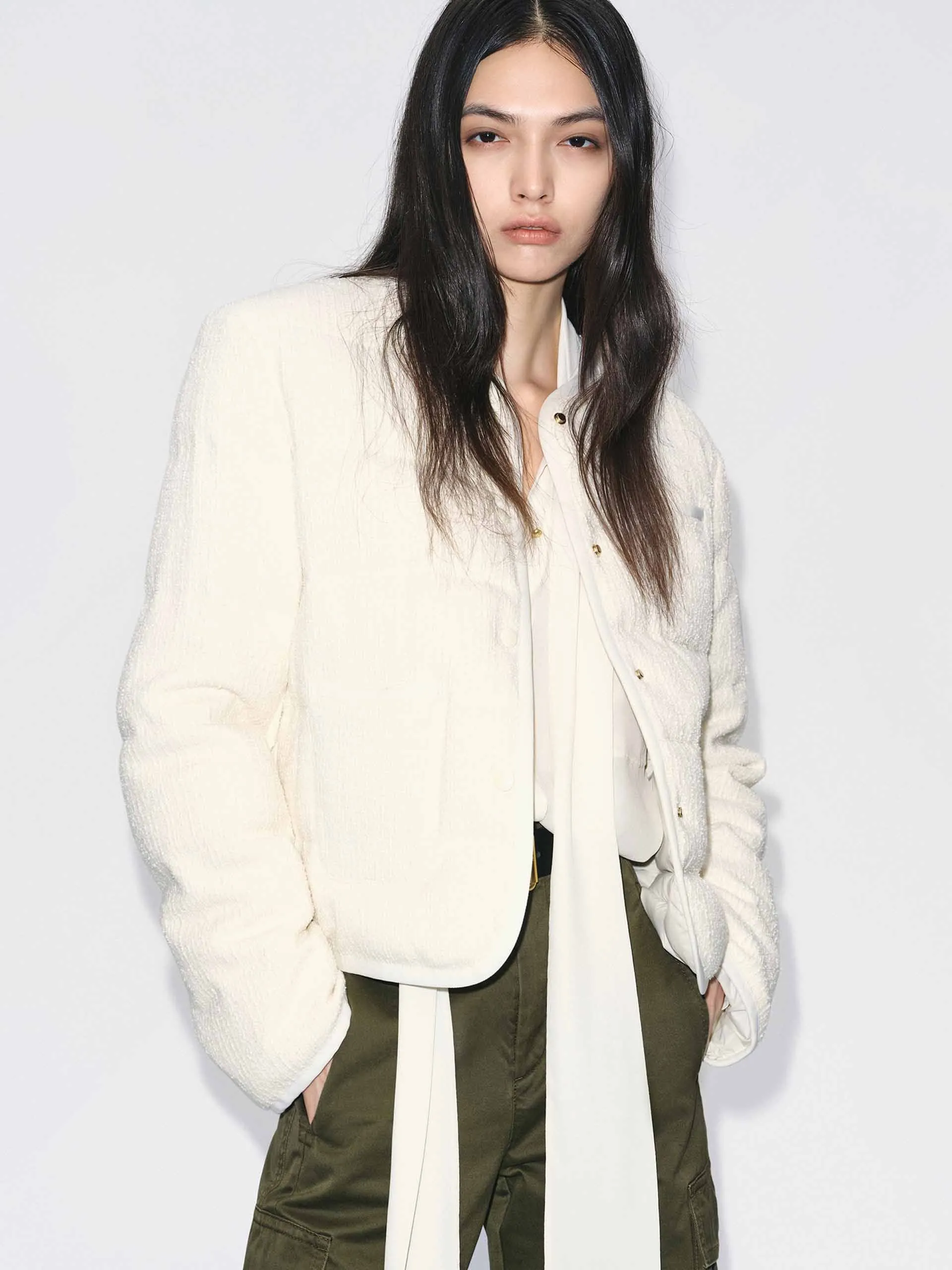 Collarless Cropped Down Jacket sold by Mo&Co