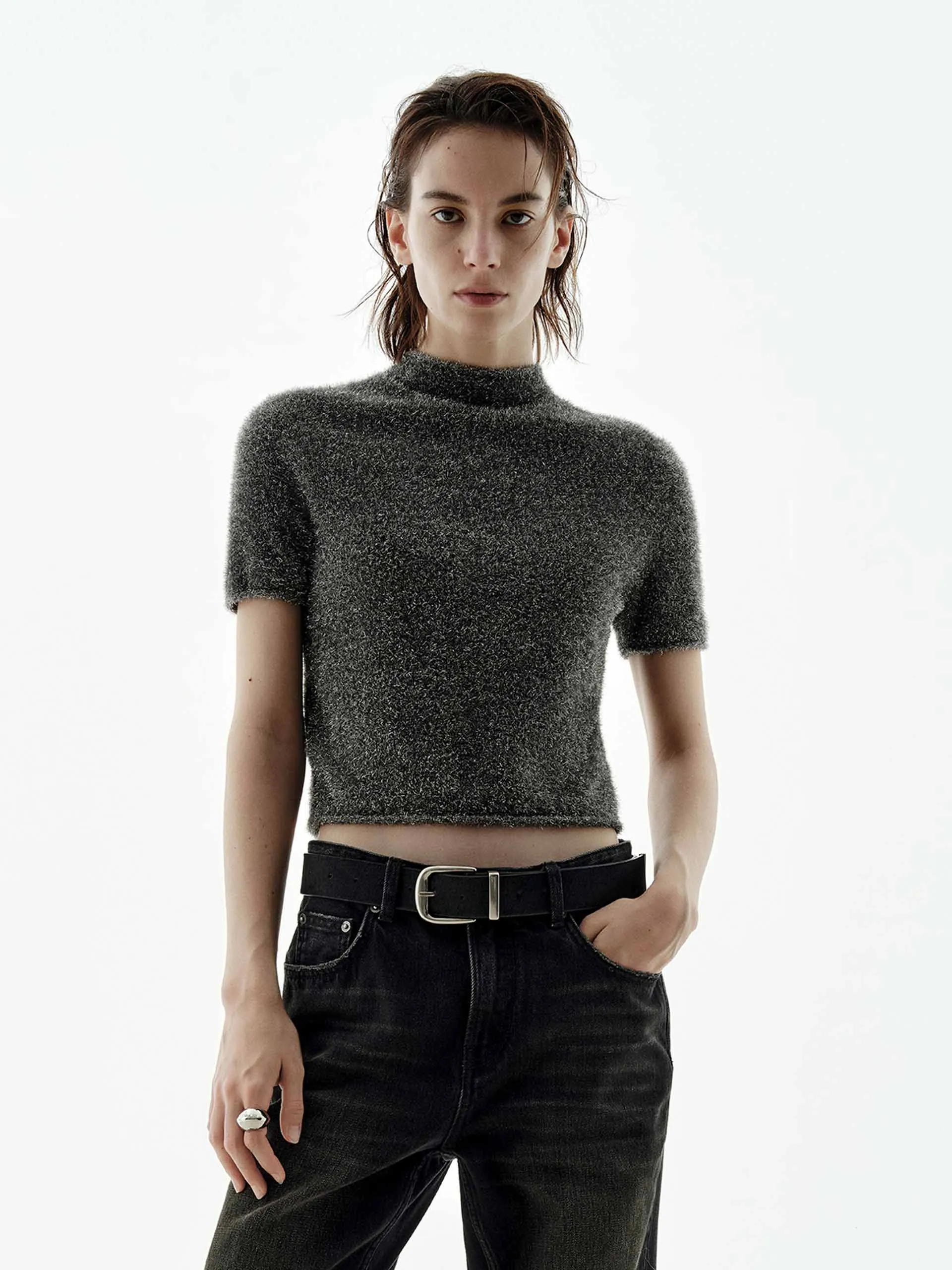 Cropped Metallic Knitted Top sold by Mo&Co