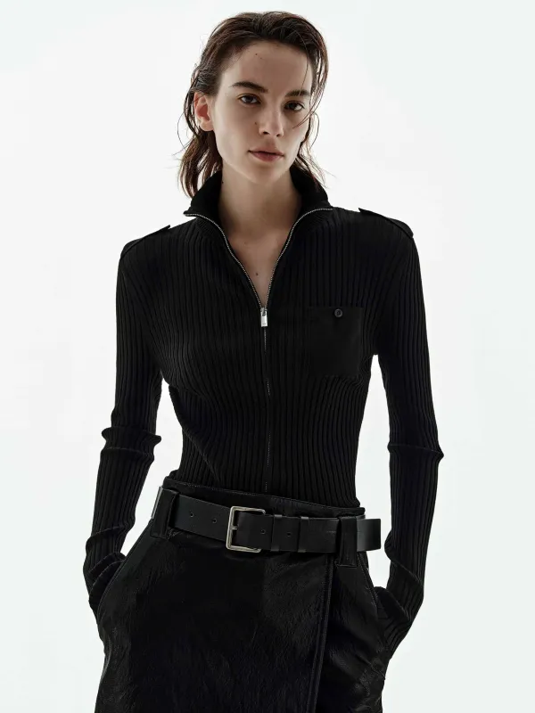 Zip Close Ribbed Cardigan sold by Mo&Co