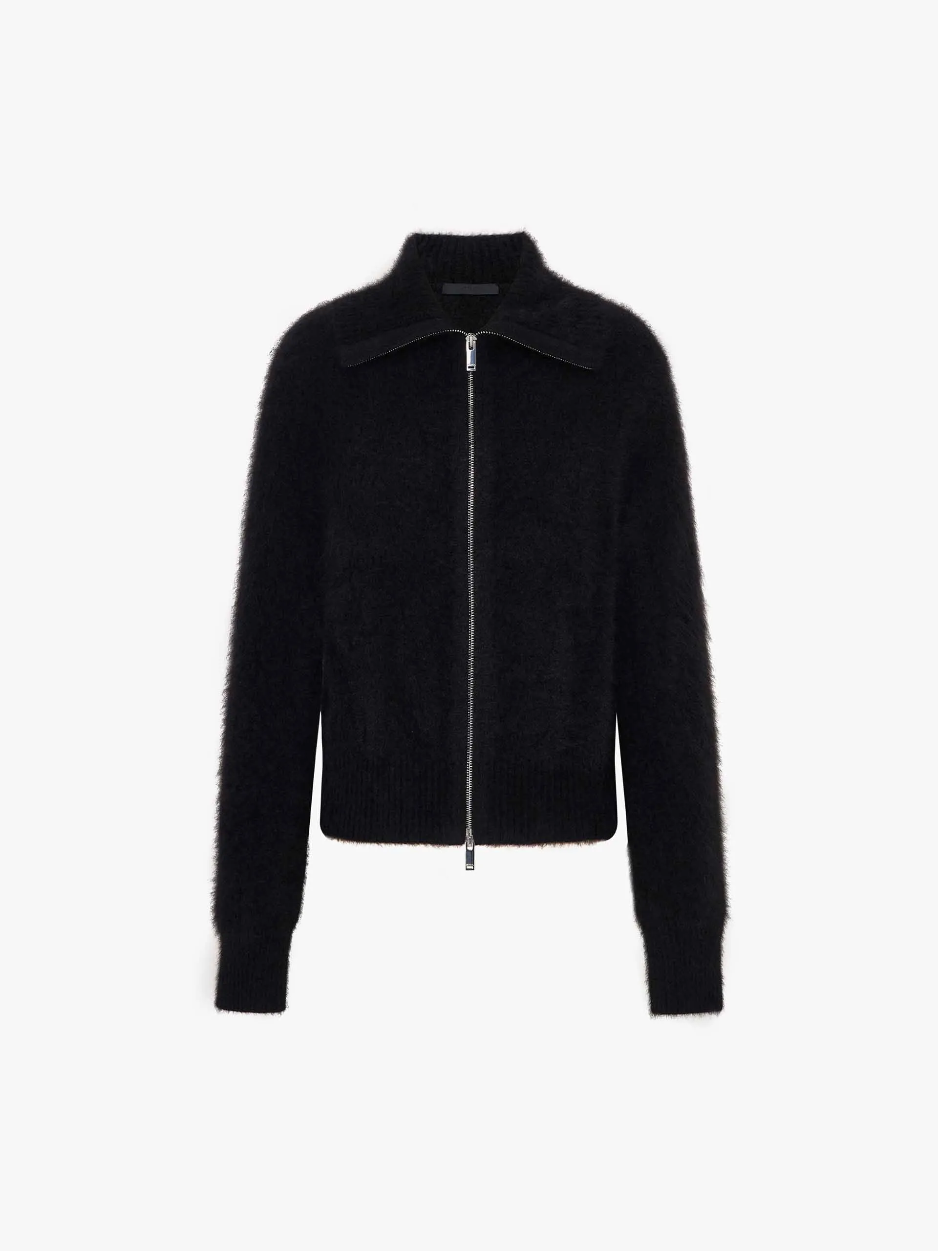 Two-way Zipper Fuzzy Cardigan sold by Mo&Co