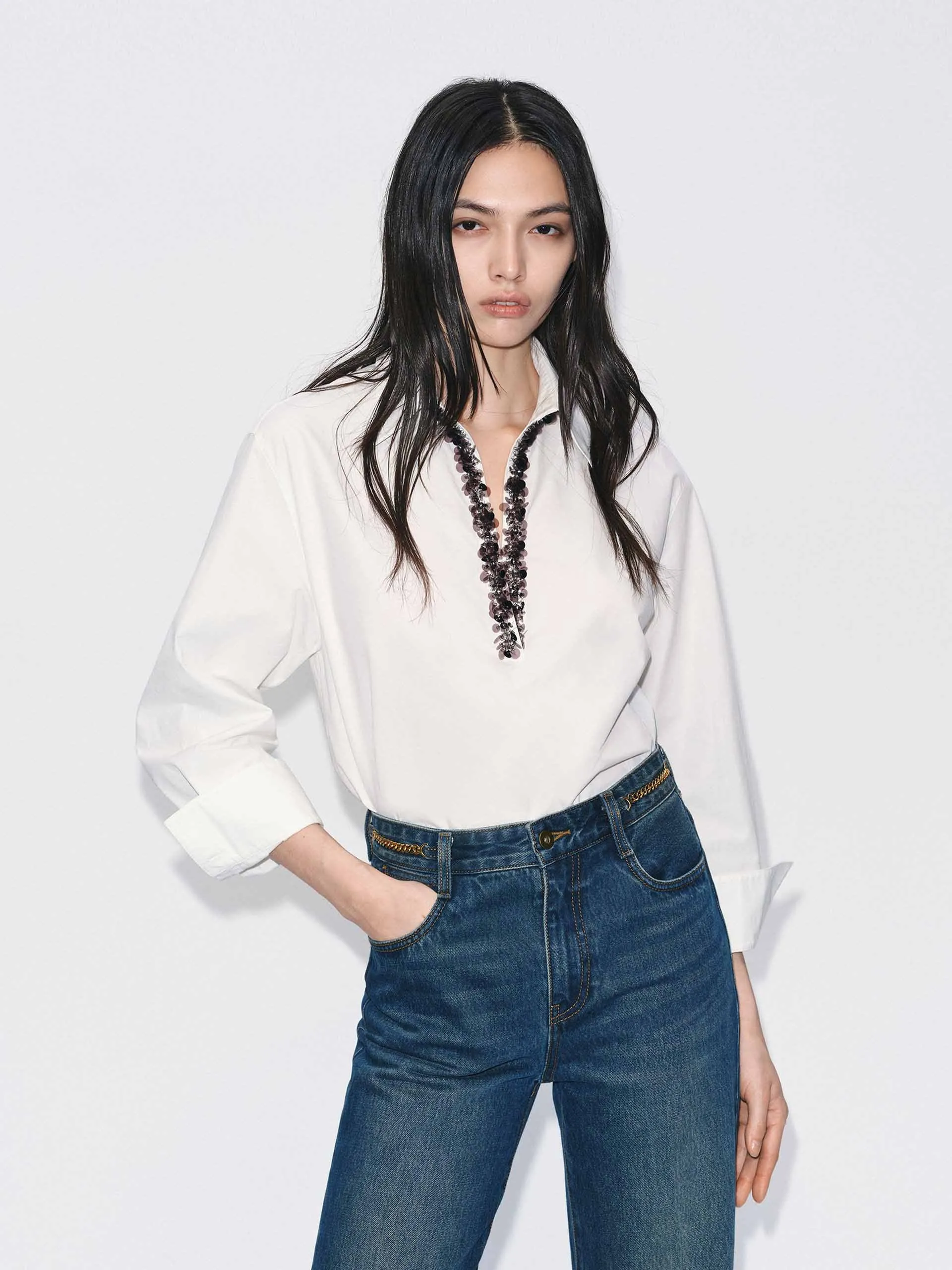 Sequins Neckline Cotton Shirt sold by Mo&Co