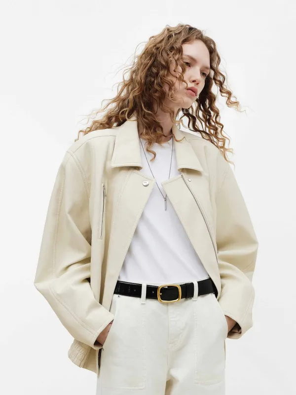 Beige Leather Bomber Jacket sold by Mo&Co