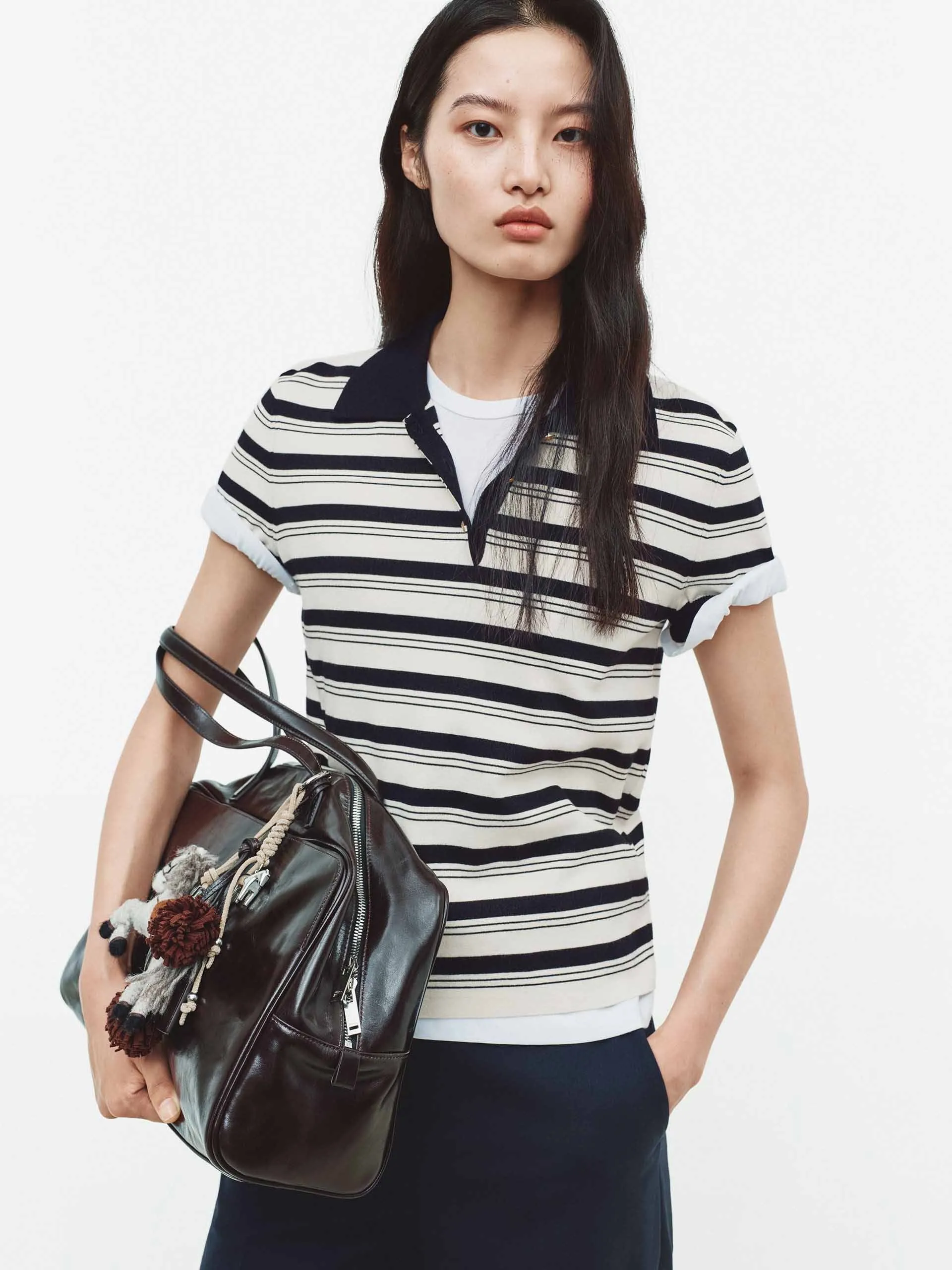 Contrast Stripe Polo Knit Top sold by Mo&Co