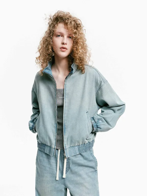 Cropped Denim Bomber Jacket made by Mo&Co