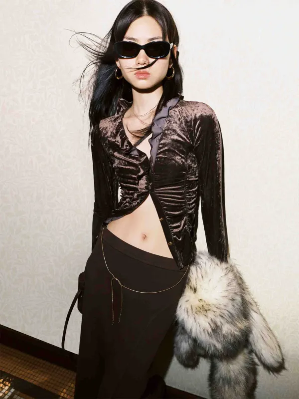 Velvet Ruffle Slim Top sold by Mo&Co