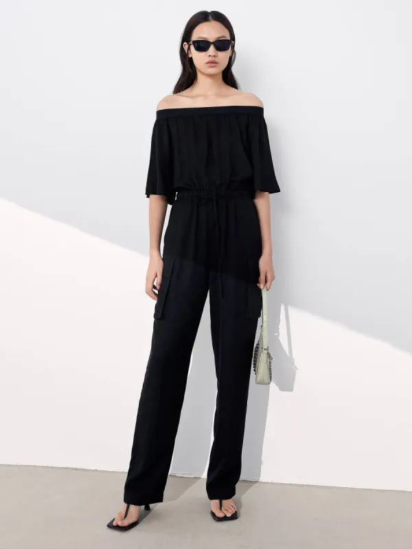 Tiered Layer Ruffle Trim Bardot Jumpsuit sold by Mo&Co
