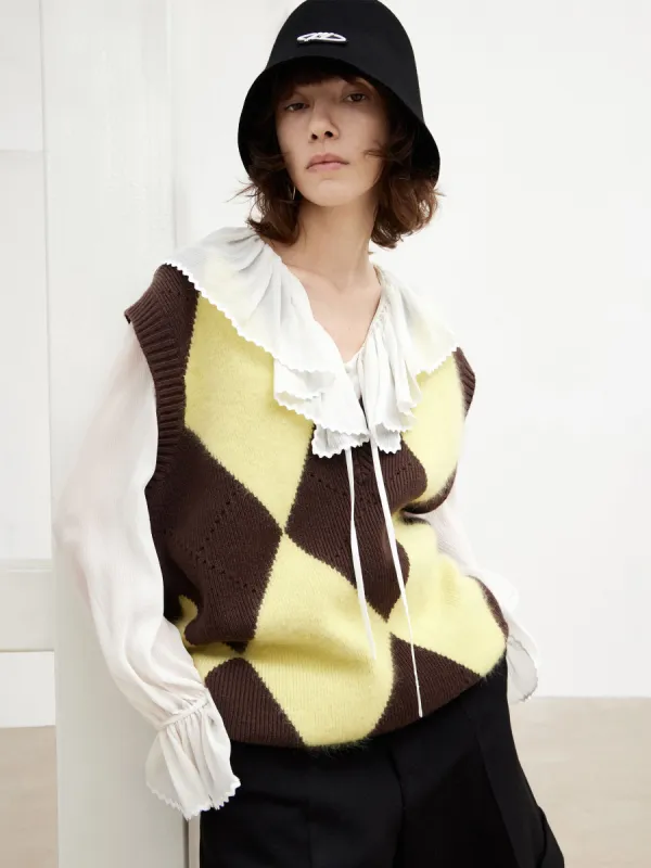 Argyle Check Knit Vest in Wool sold by Mo&Co