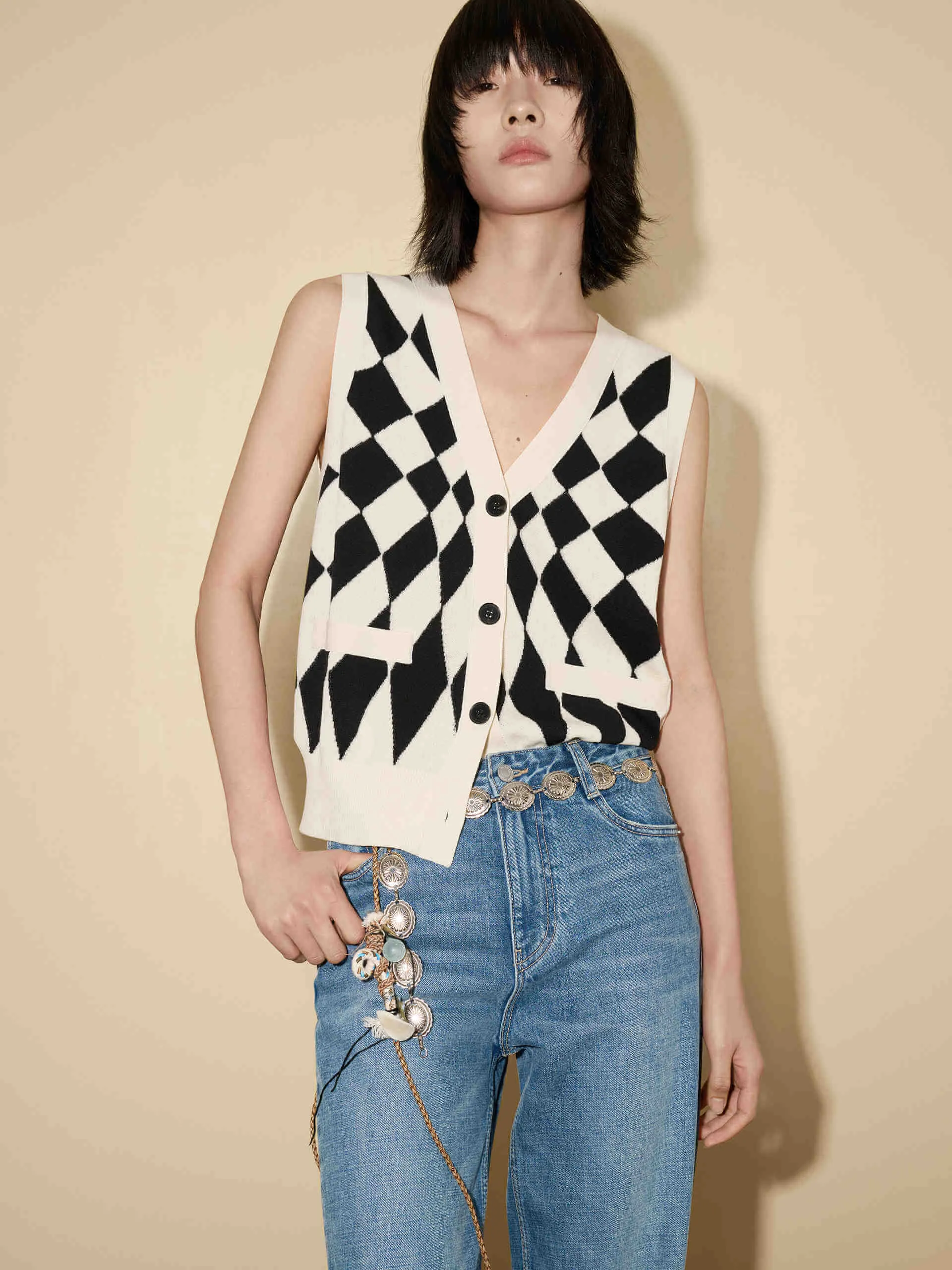 Argyle Check Knitted Vest sold by Mo&Co