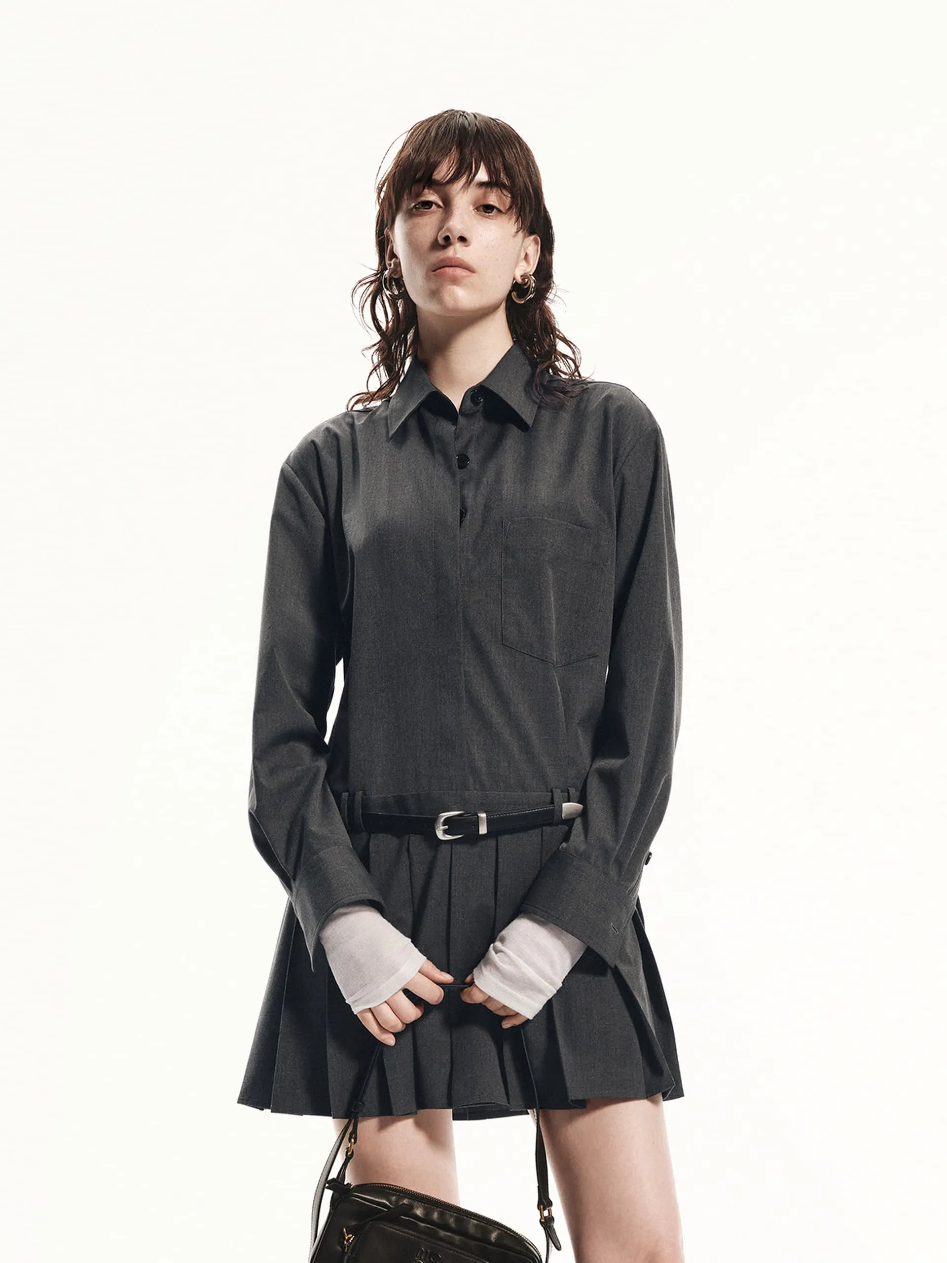 Pleated Mini Shirt Dress sold by Mo&Co