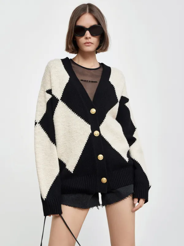 Diamond Check Knit Wool-Blend Cardigan sold by Mo&Co