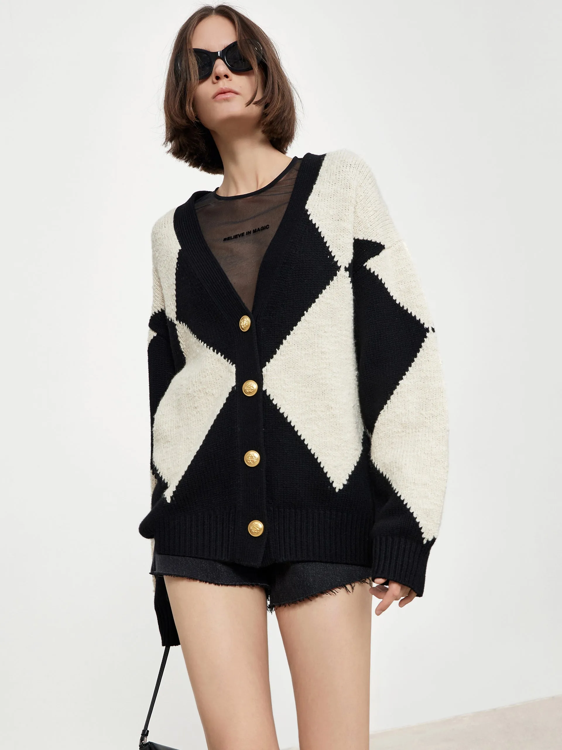 Diamond Check Knit Wool-Blend Cardigan sold by Mo&Co product image thumbnail 3