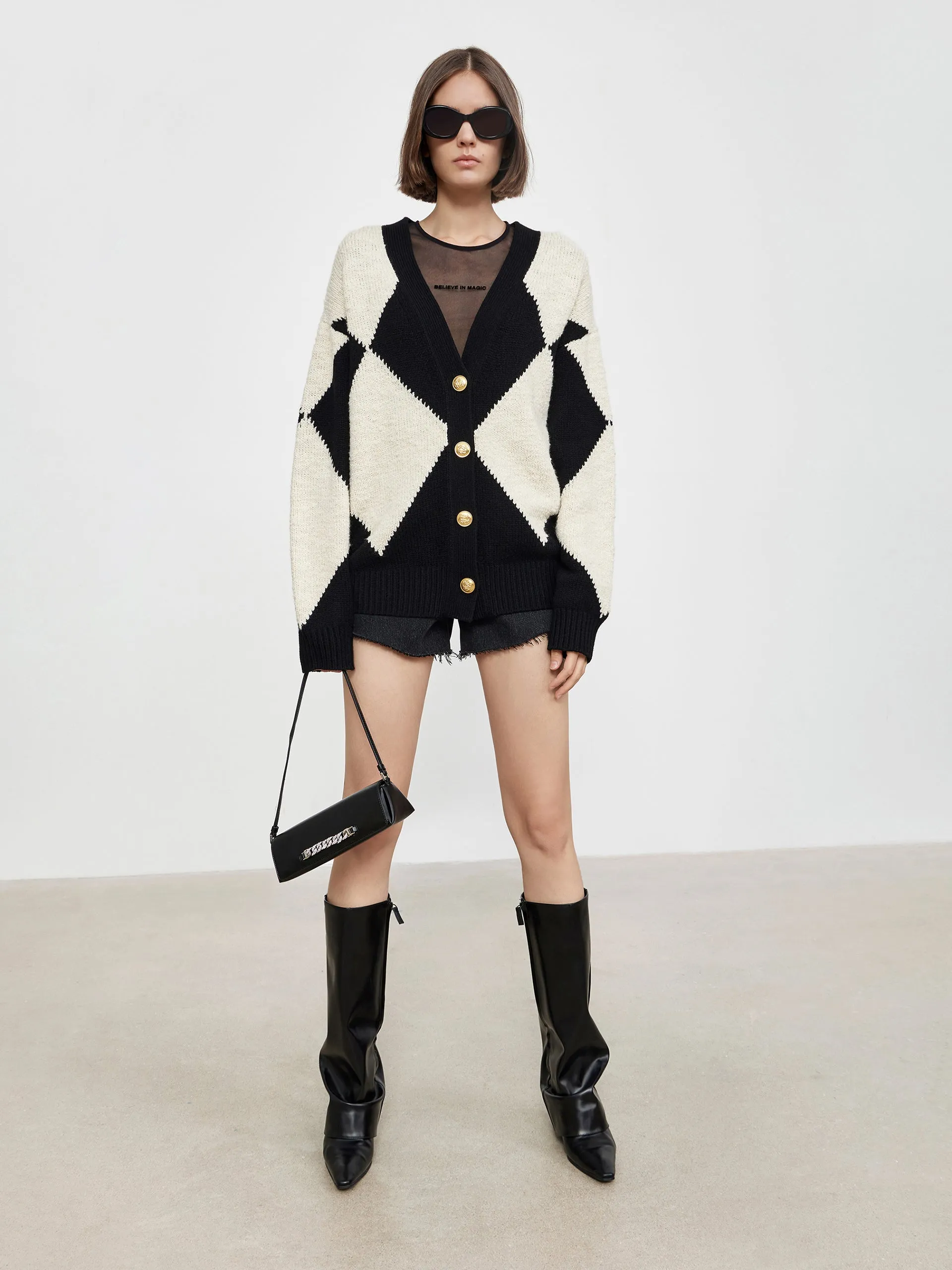 Diamond Check Knit Wool-Blend Cardigan sold by Mo&Co product image thumbnail 2