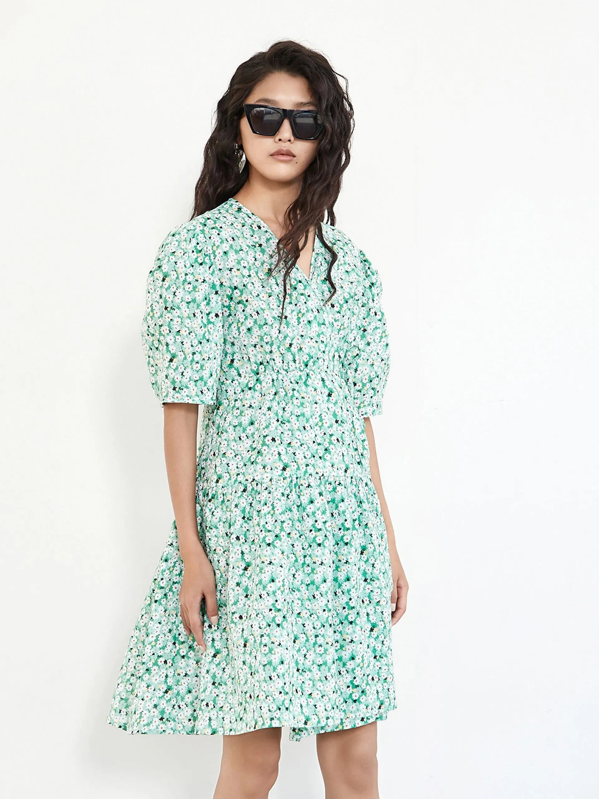 Puff Sleeve Daisy Print Cotton Dress sold by Mo&Co