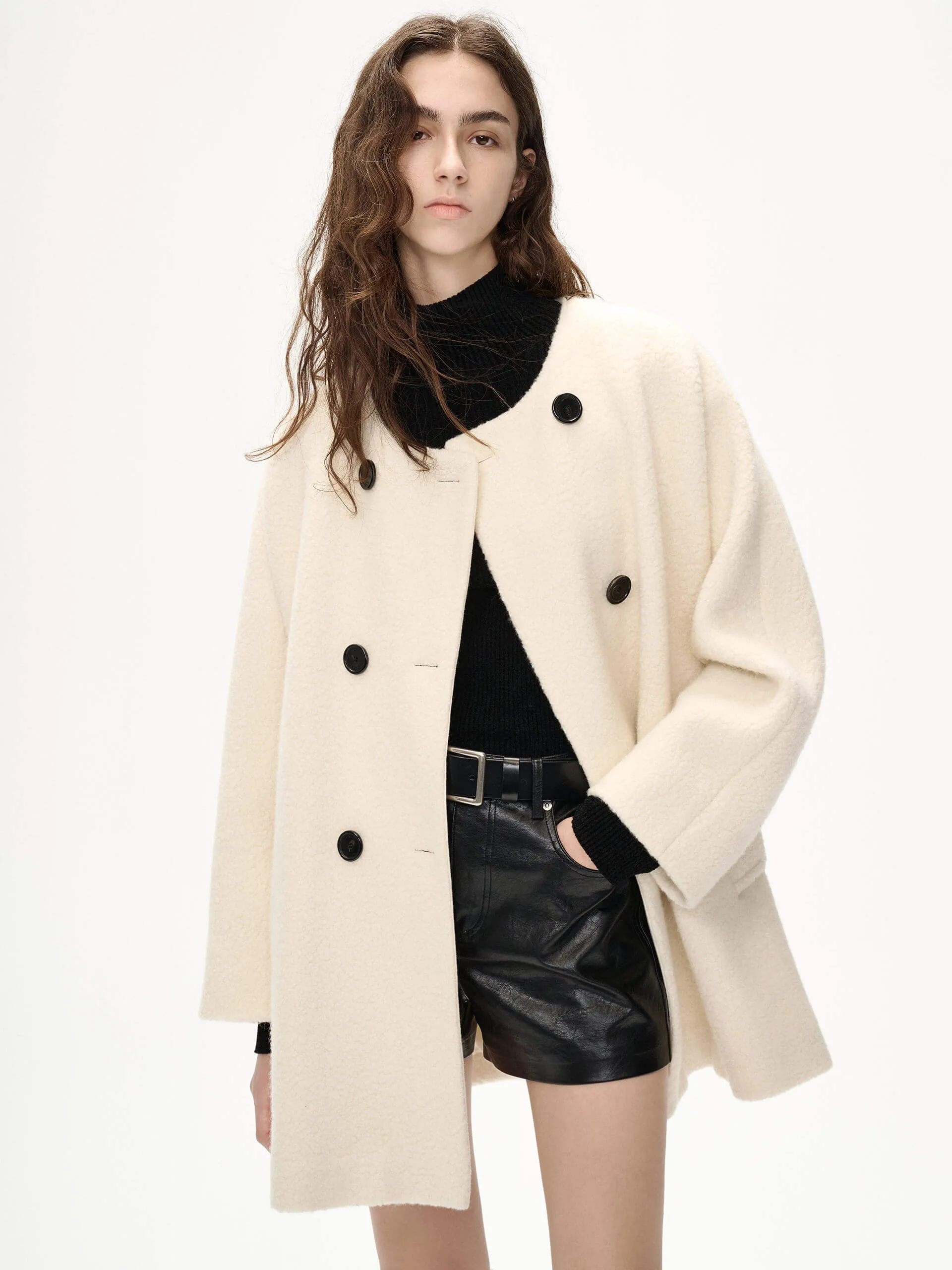 Collarless Design Fuzzy Coat sold by Mo&Co