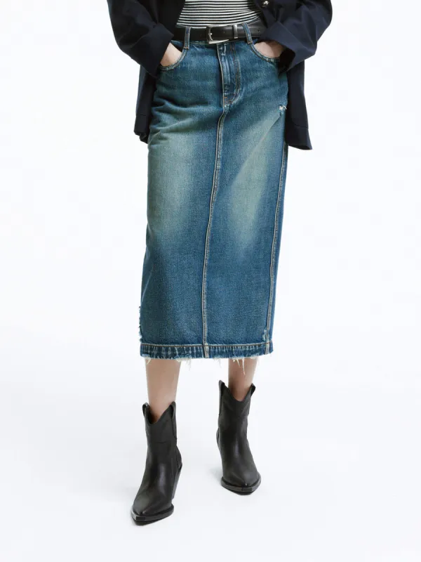 Back Slit Frayed Midi Skirt sold by Mo&Co